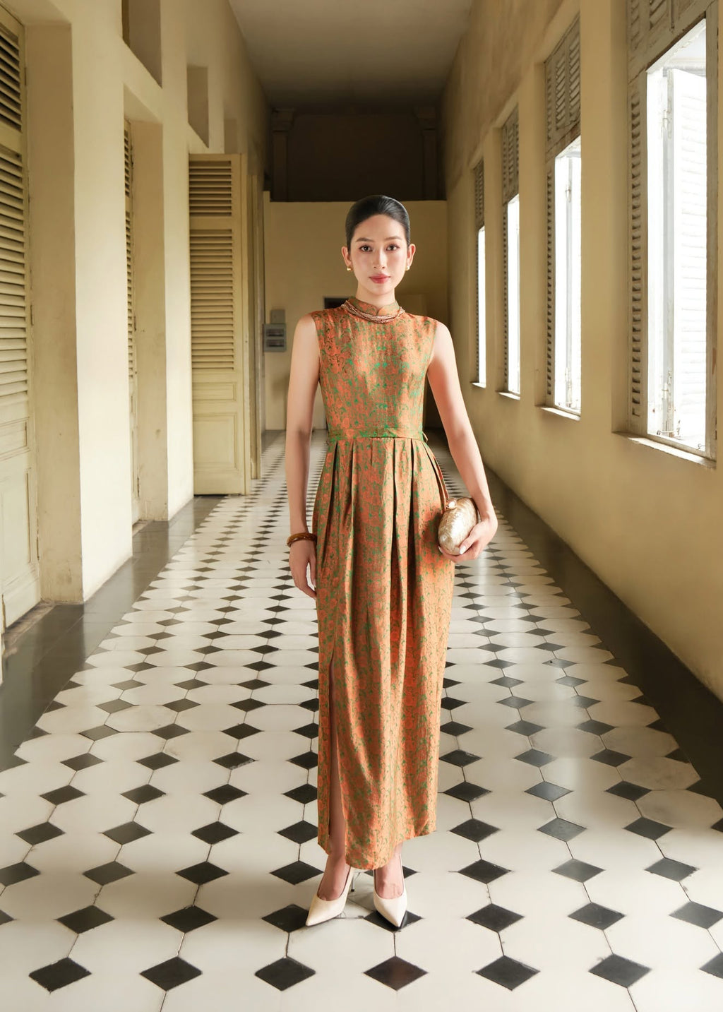 Vietnamese Ao Dai - “Celeste” Dress – Daisy Jacquard womsilk Dress in Copper Jade - front view in brocade in orange by Tam