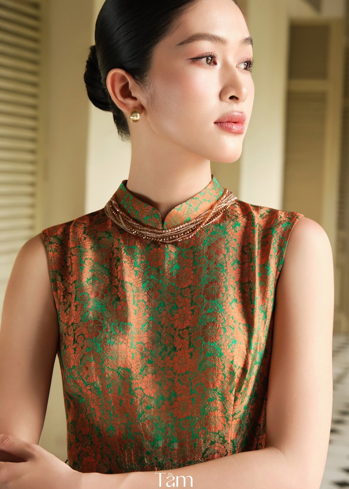 Vietnamese Ao Dai - “Celeste” Dress – Daisy Jacquard womsilk Dress in Copper Jade - front view in brocade in red by Tam