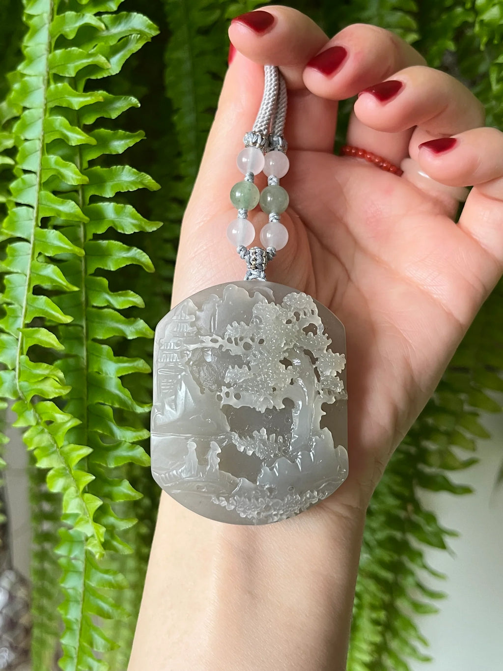 “Mist Valley Reverie” - Hand Carved Grayish Purple Hetian Jade Landscape | 和田烟紫山水 - detail close-up in white by L'Orient Haus