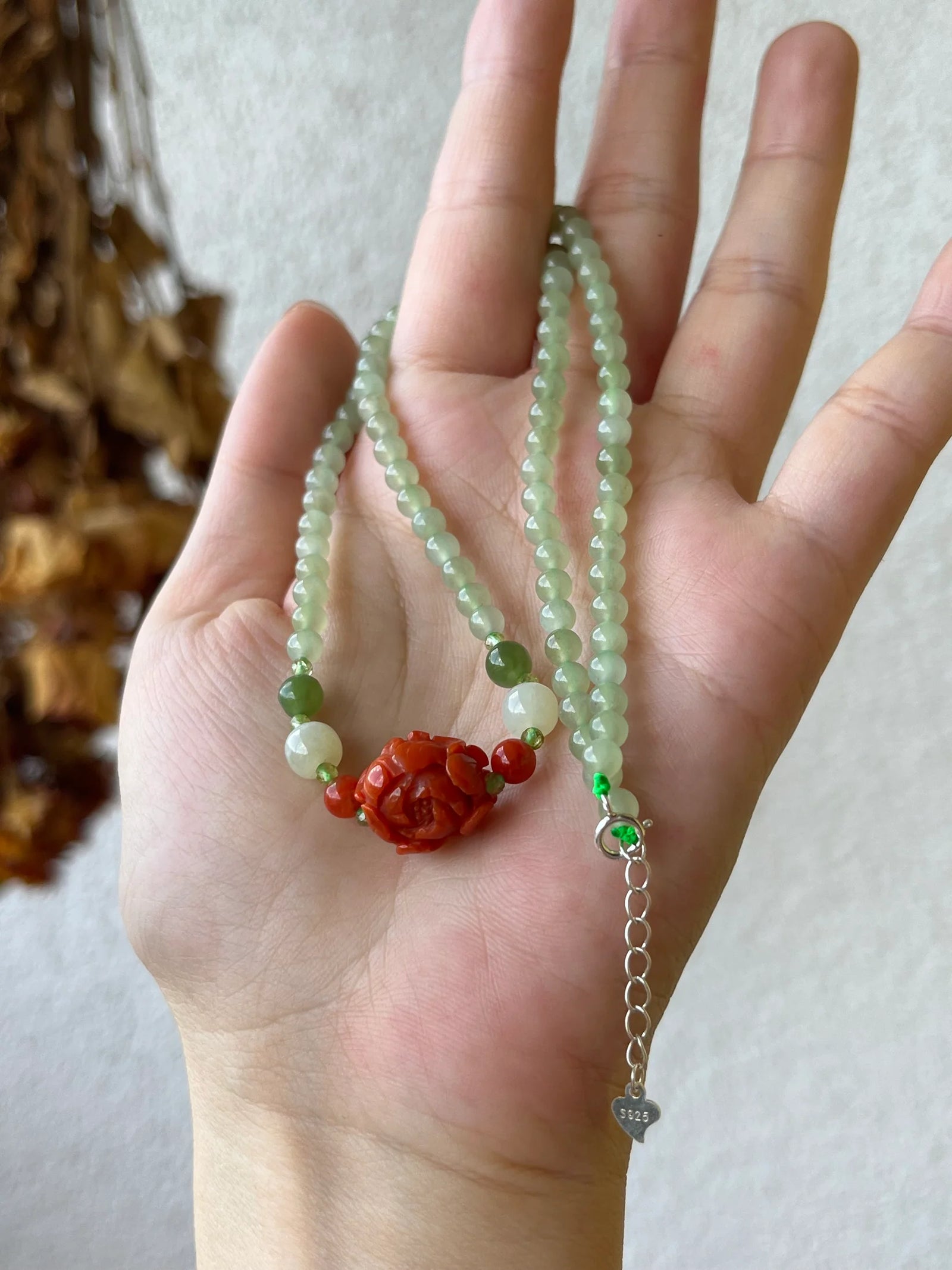 Vietnamese Silver - Peony Bloom - Nephrite & Nanhong Peony Necklace in tiny beads - front view in green by L'Orient Haus