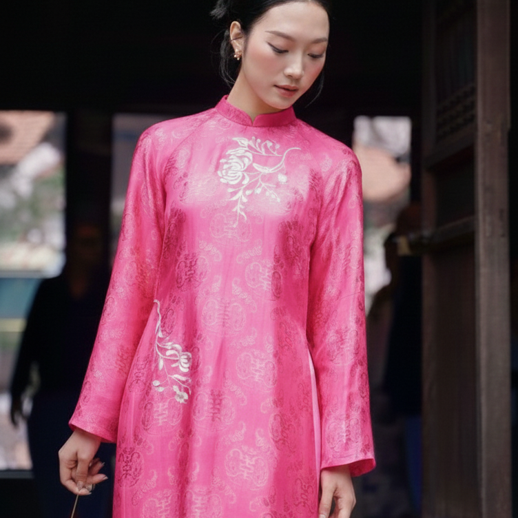 Vietnamese Ao Dai - Nha Chi Ao-Dai Set - Embroidered Wormsilk Áo Dài in Rose Pink - front view in pink by Tam