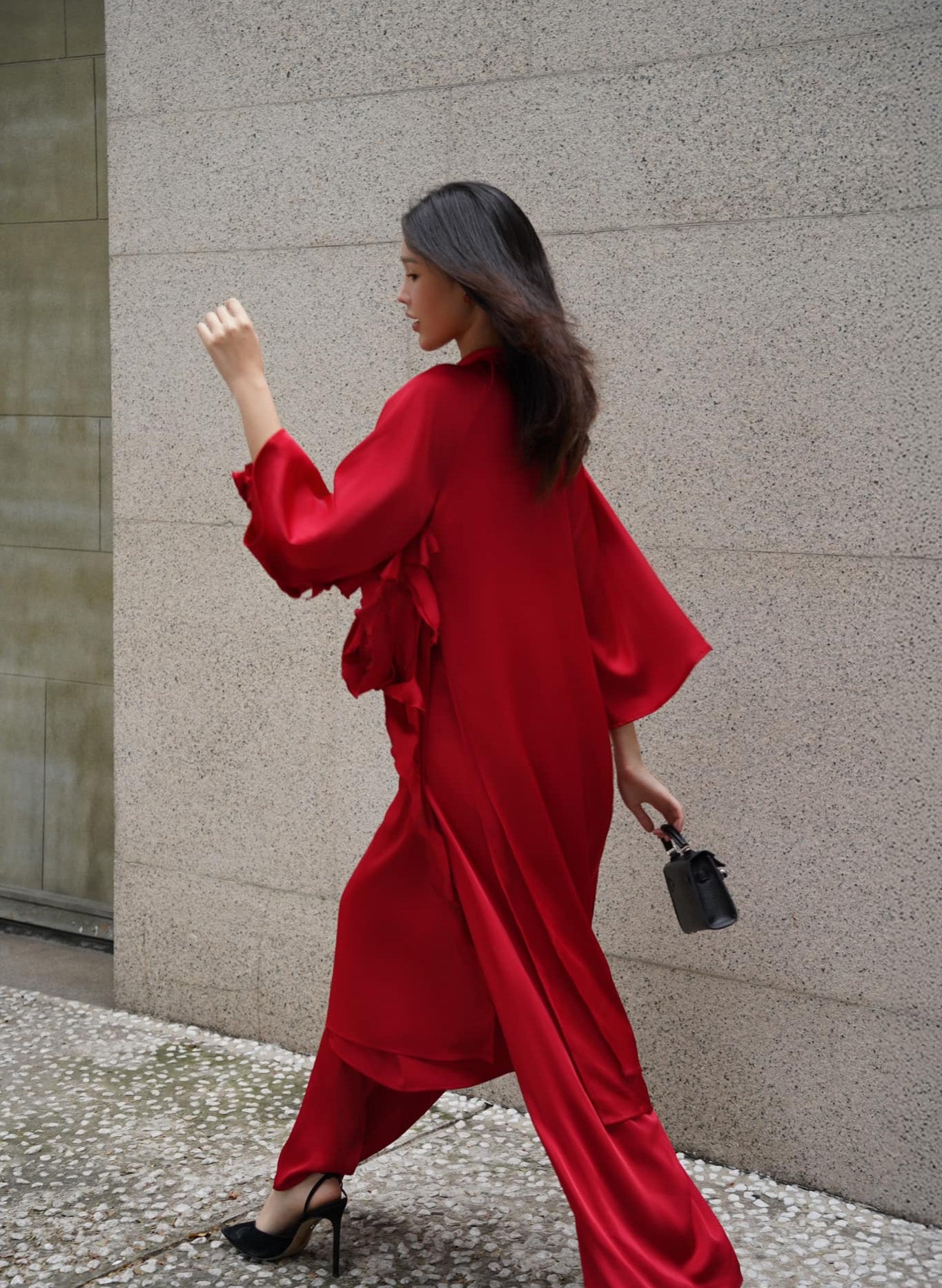 "Crimson Bloom" red silk Ao Dai set by Das Levine, modern floral pattern, traditional Vietnamese dress.