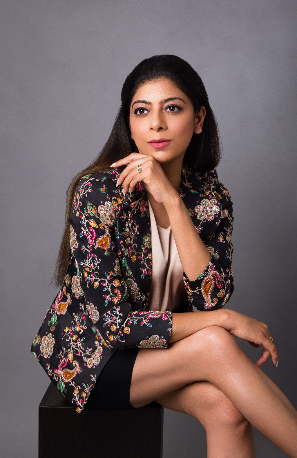 Vietnamese Embroidery - Chandni - Heritage Floral Silk Jacket in Midnight Black - front view in black by Indian Heritage