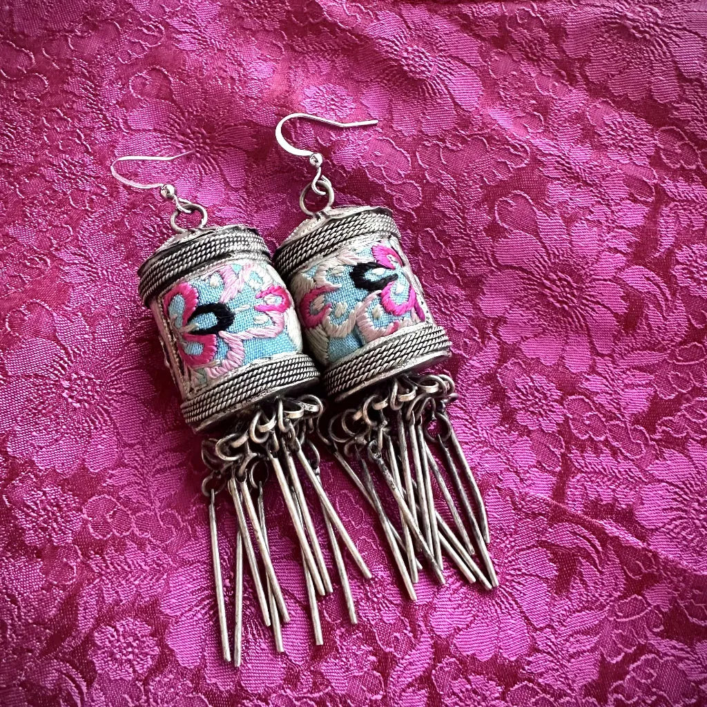 Bloom Miao embroidery cylinder earrings with Vietnamese silk embroidery