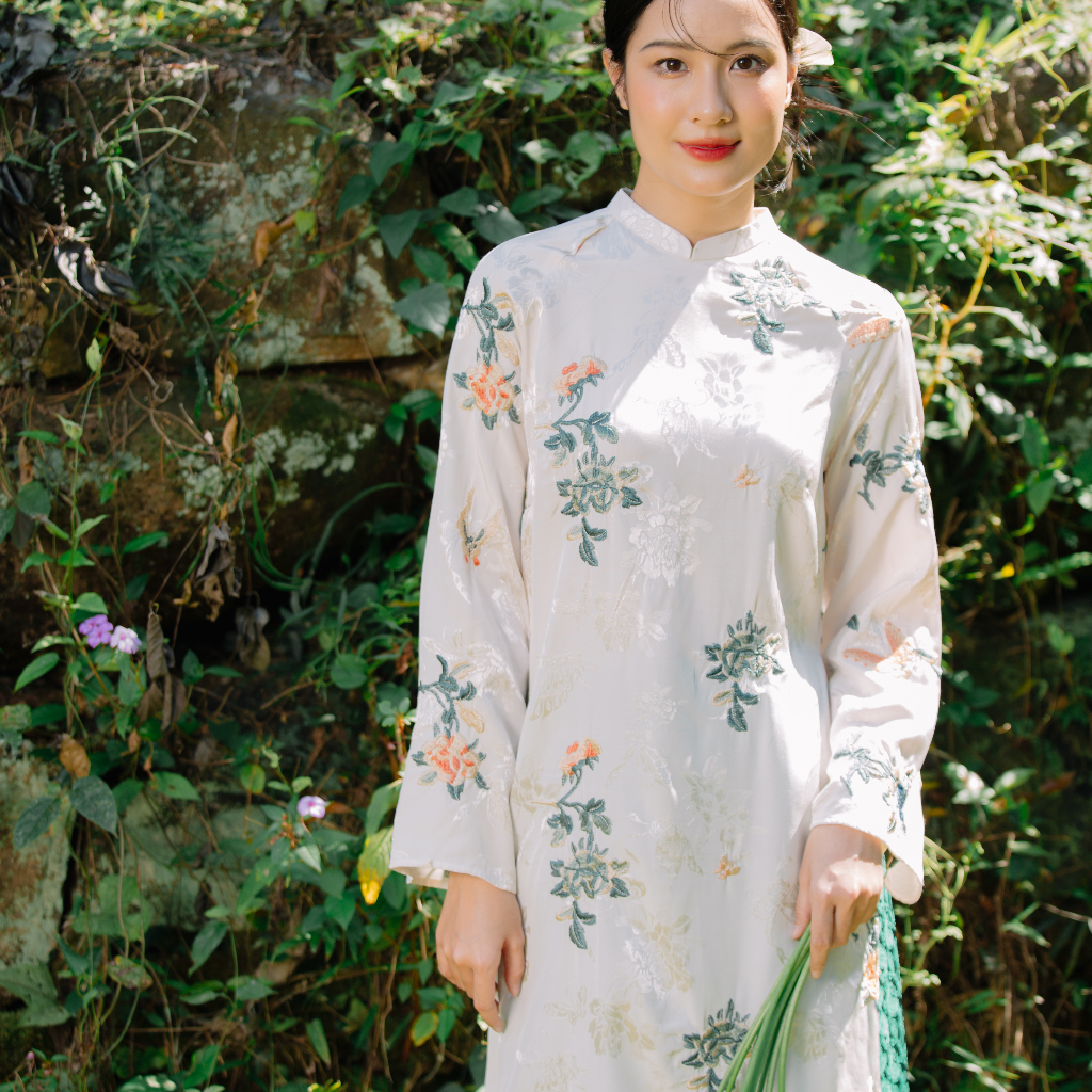 Vietnamese Ao Dai - Chau Hoa Ao Dai set - Embroidered Flowers on viscose - front view in silk in white by Moc