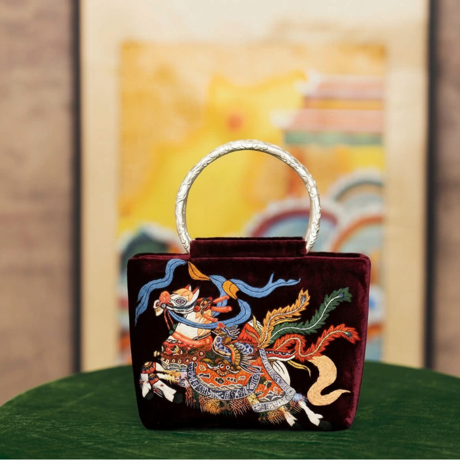 Vietnamese Embroidery - Long Phụng Mã - Embroidered Velvet Handbag with Brass Handle - front view in dark red by Tho