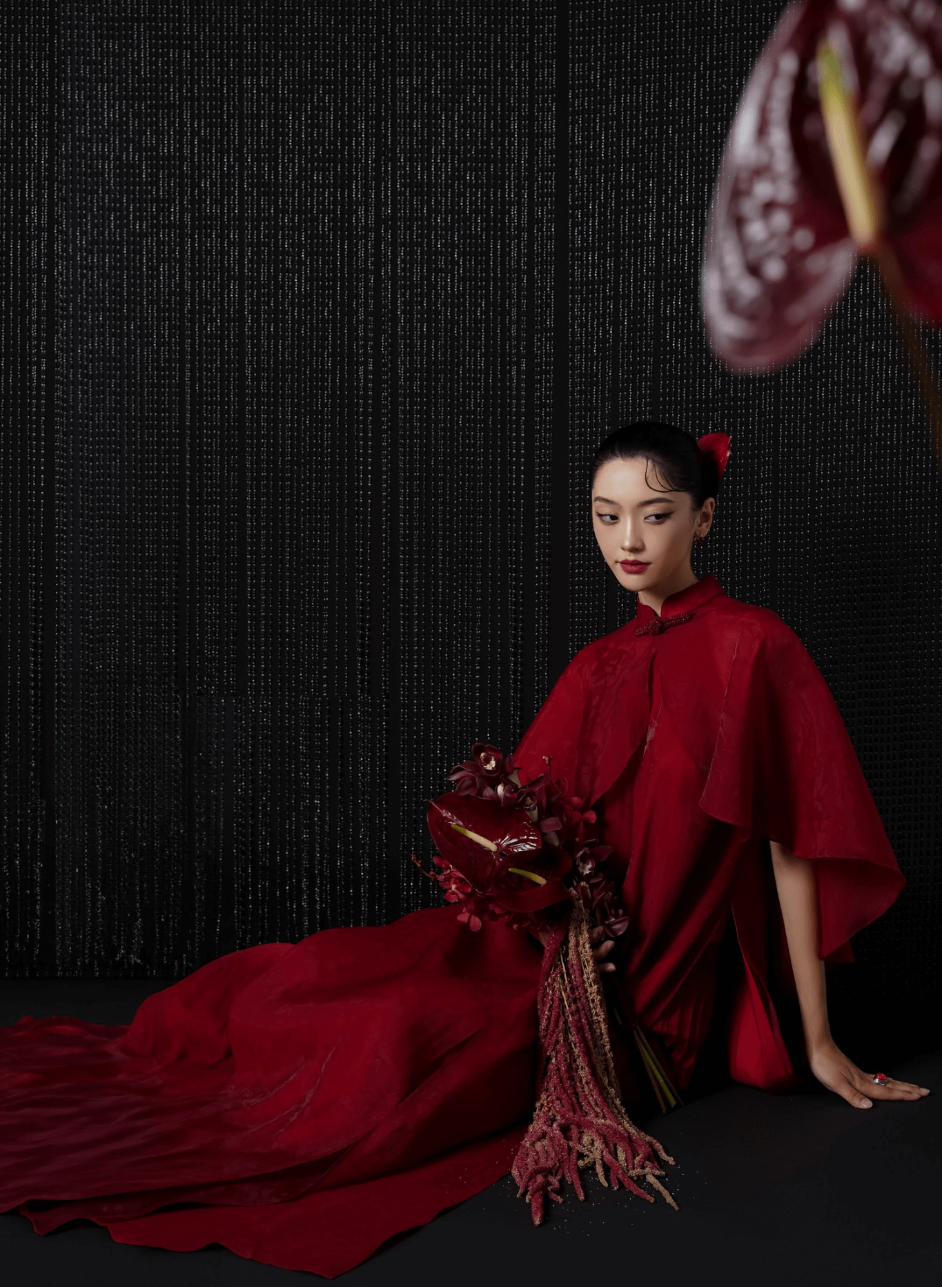 Vietnamese Ao Dai - Van Loan Halter Neck Ao dai Set - Premium Silk - front view in red by Lalin