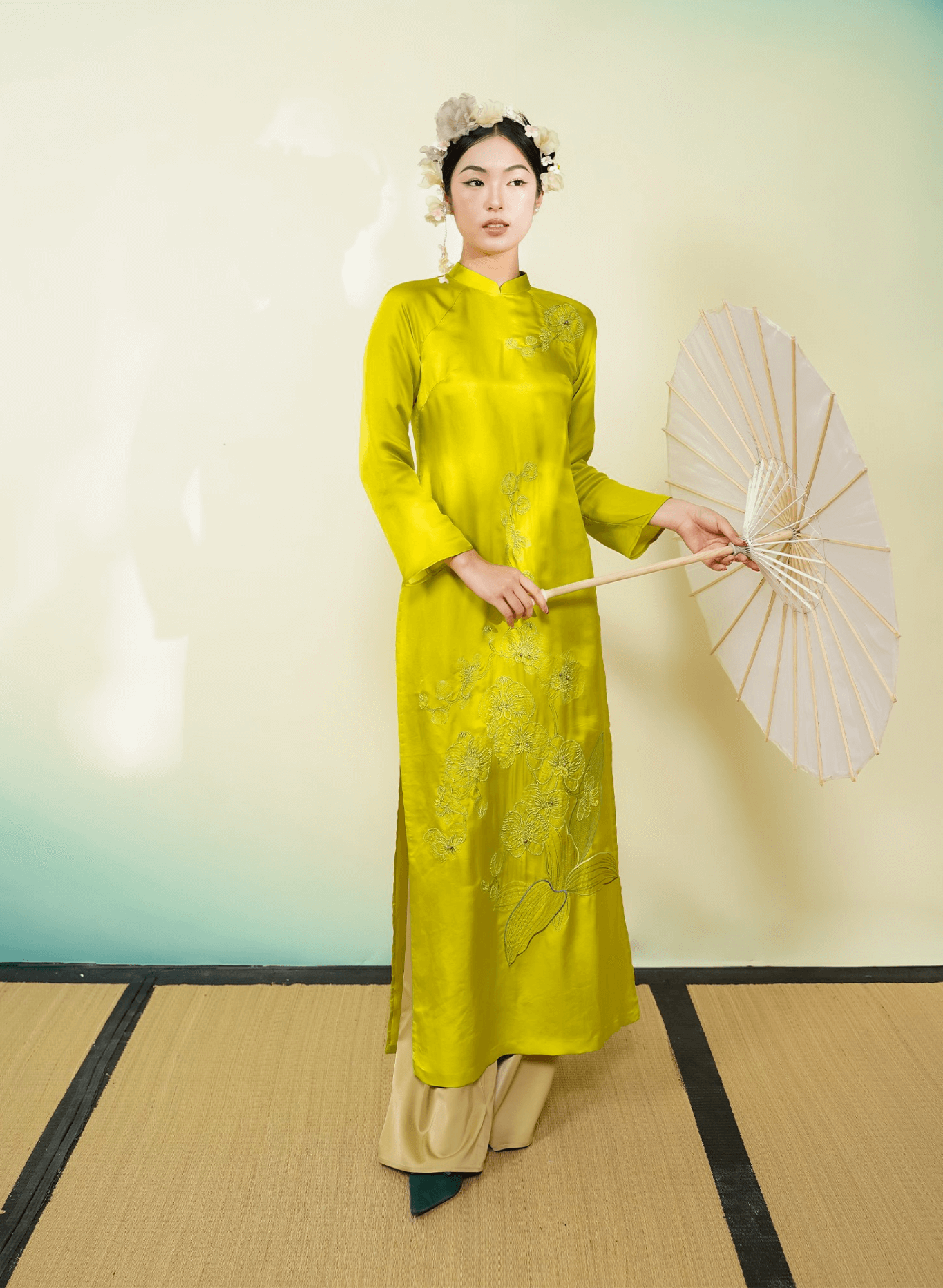 "Uyen Lan Embellished Ao Dai Set in Neon Green Silk with Floral Pattern, Traditional Vietnamese Dress by Lalin"