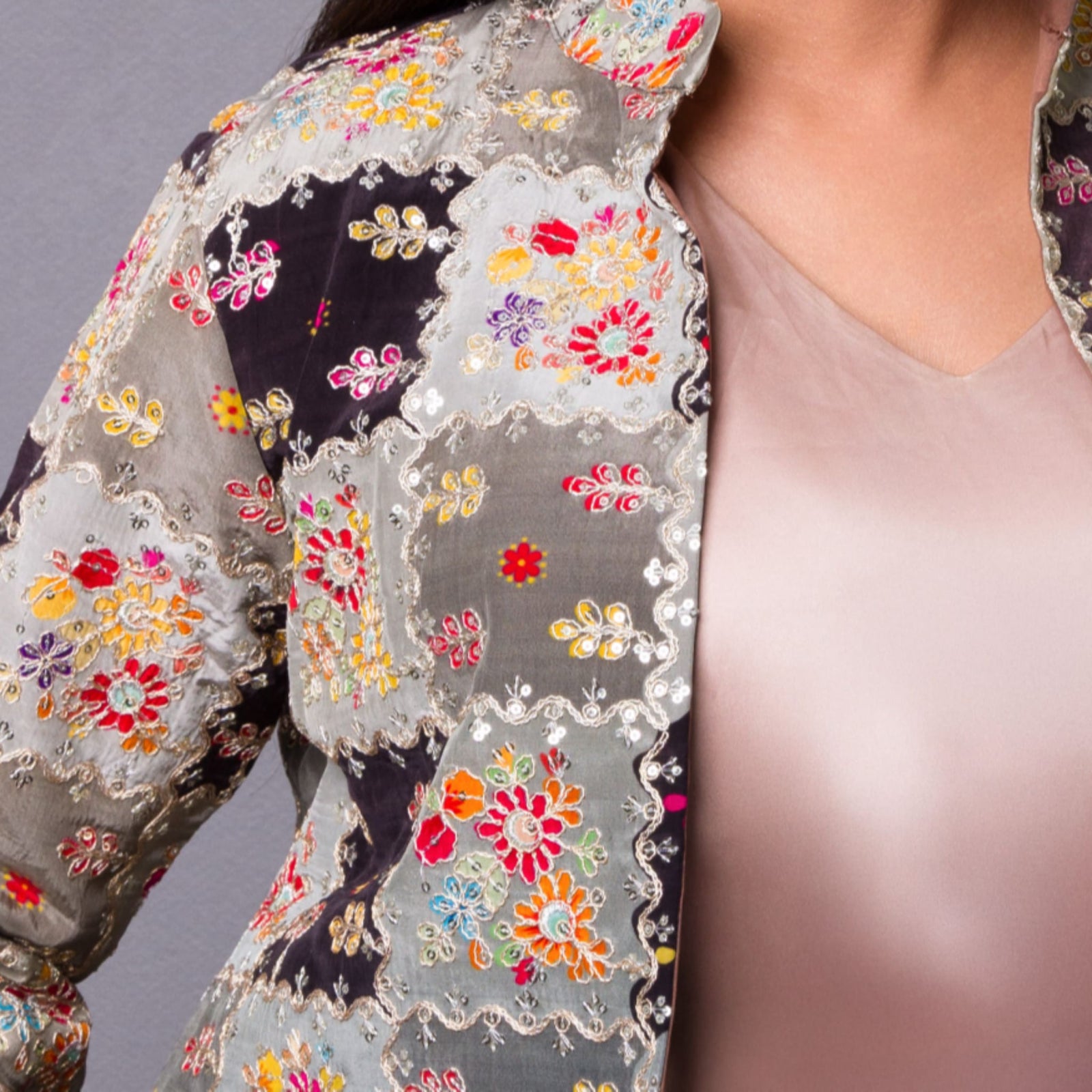 Vasanta - Heritage Patchwork Silk Jacket in Garden Neutral - detail close-up by Indian Heritage