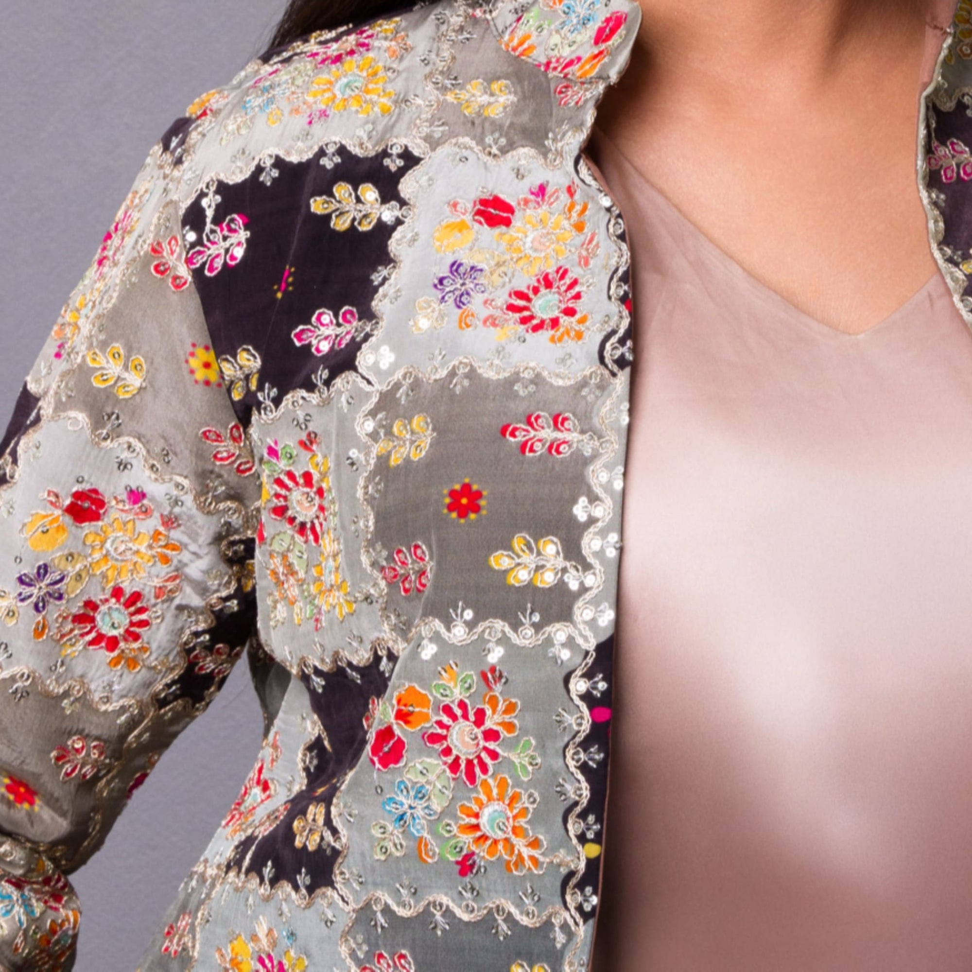 "Vasanta" - Heritage Patchwork Silk Jacket in Garden Neutral