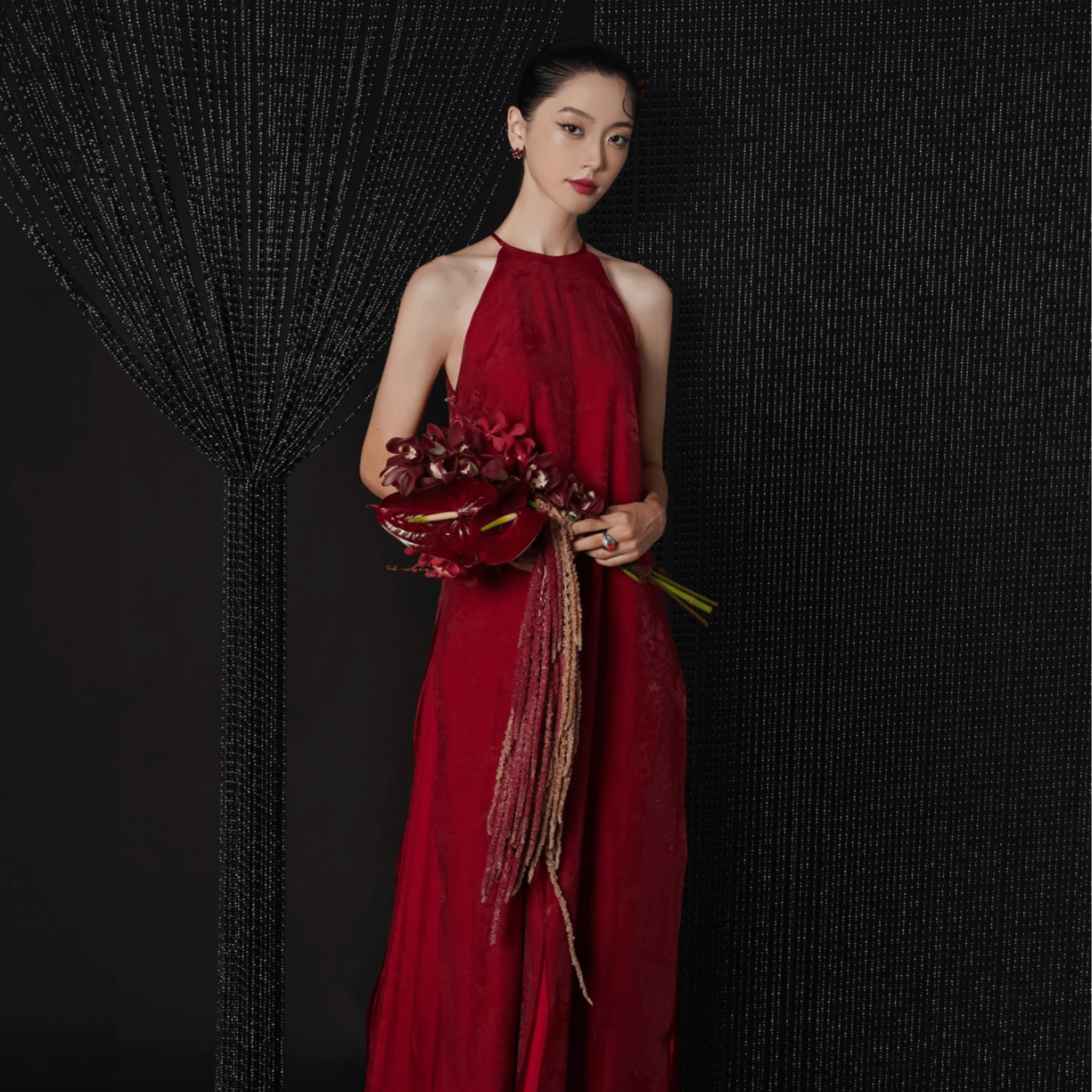 "Van Loan Halter Neck Ao dai Set in red silk, traditional Vietnamese dress by Lalin"