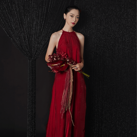 "Van Loan" Halter Neck Ao dai Set - 100% Silk in Red
