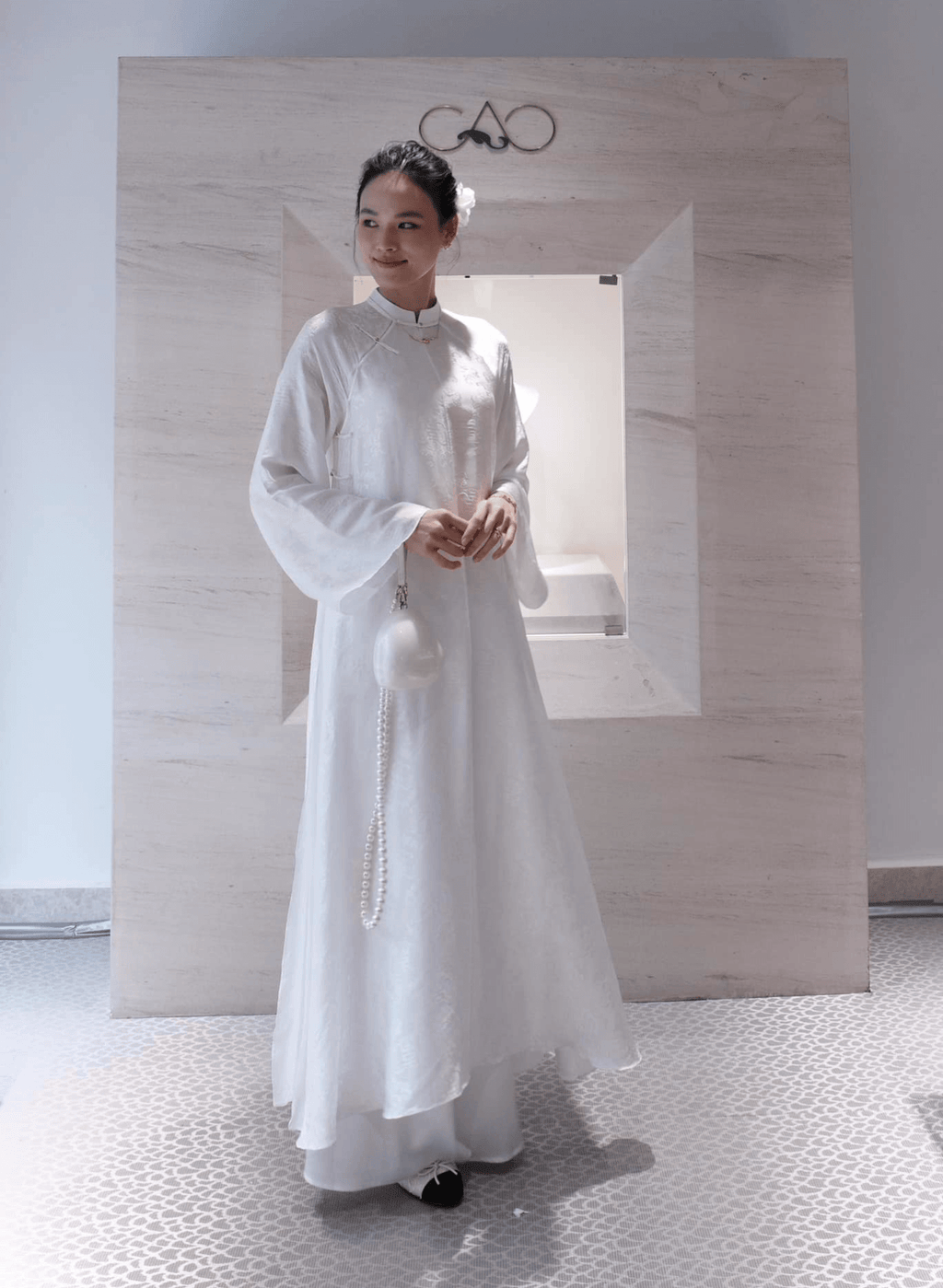 "Hy Loan Ao Dai Set - White Silk Traditional Vietnamese Dress by Lalin, Artisan Woven Design"