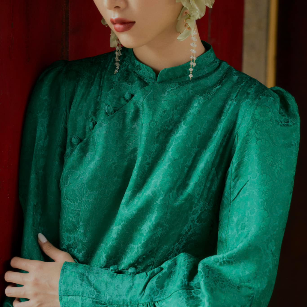 Vietnamese Ao Dai - Tang Bong Ao Dai Set - Premium Wormsilk in Green with Puff Sleeve - front view in green by SY Design