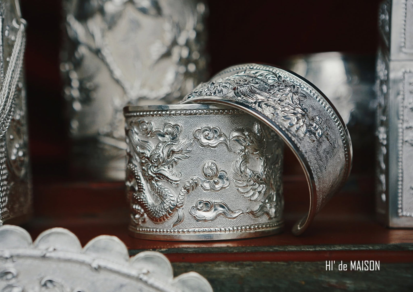 "Long Phụng" – Heritage Dragon & Phoenix Cuff in Pure 99.9% Silver