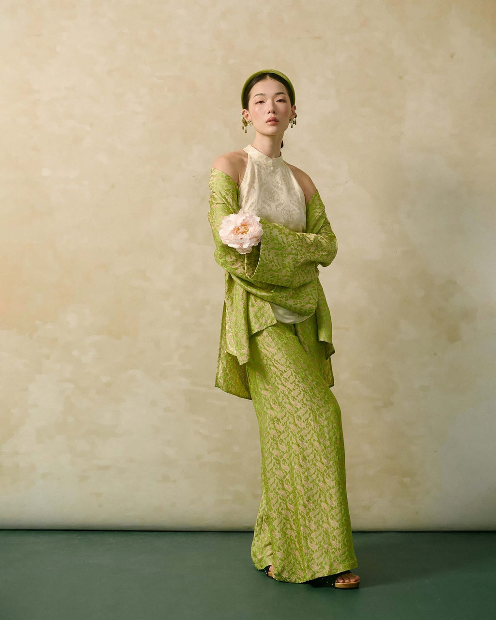 “Silken Poise” Cardigan – Worm Silk Heritage in Antique Moss - side profile by Hy Phuong