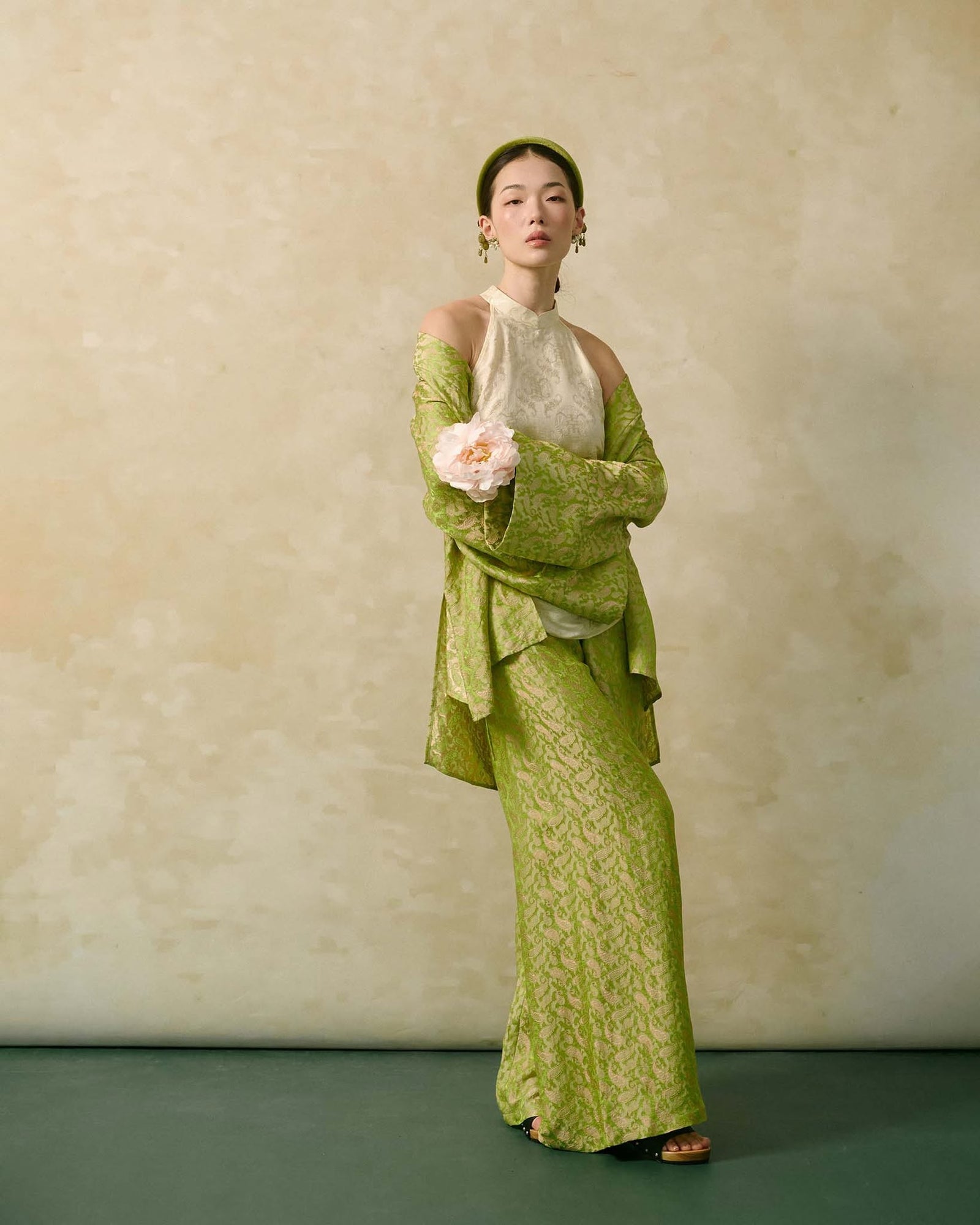 “Silken Poise” Cardigan – Worm Silk Heritage in Antique Young Rice Celadon