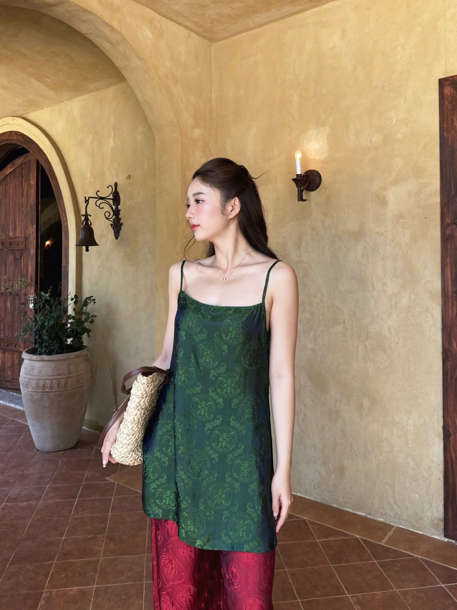“Ngoc Nga” Cami Set – Wormsilk in Forest Jade with Crimson Pants