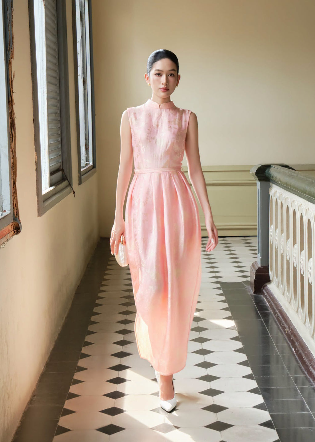“Celeste” Dress – Lotus Jacquard womsilk Dress in Blush Pink