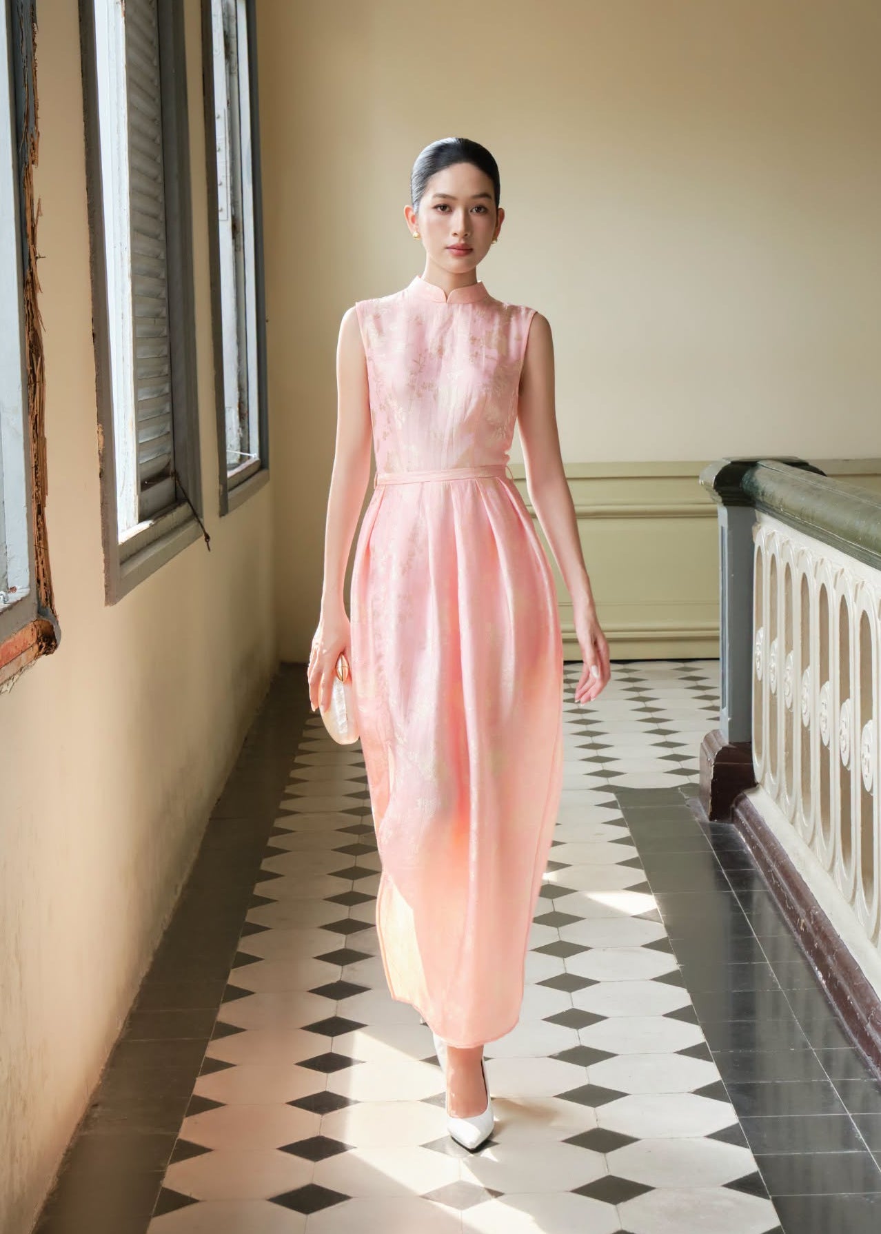“Celeste” Dress – Lotus Jacquard womsilk Dress in Blush Pink