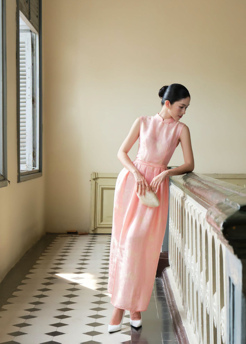 “Celeste” Dress – Lotus Jacquard womsilk Dress in Blush Pink