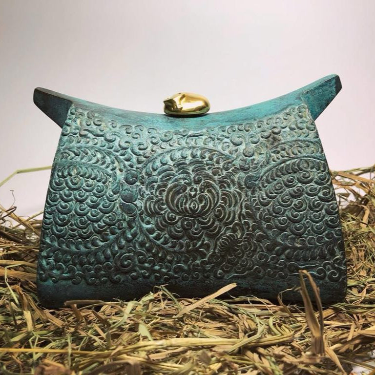 Vietnamese Lacquer - “Nhàn Ngưu” – Tranquil Buffalo Lacquer Sculpture - front view in blue-green by Lam Phong Pottery