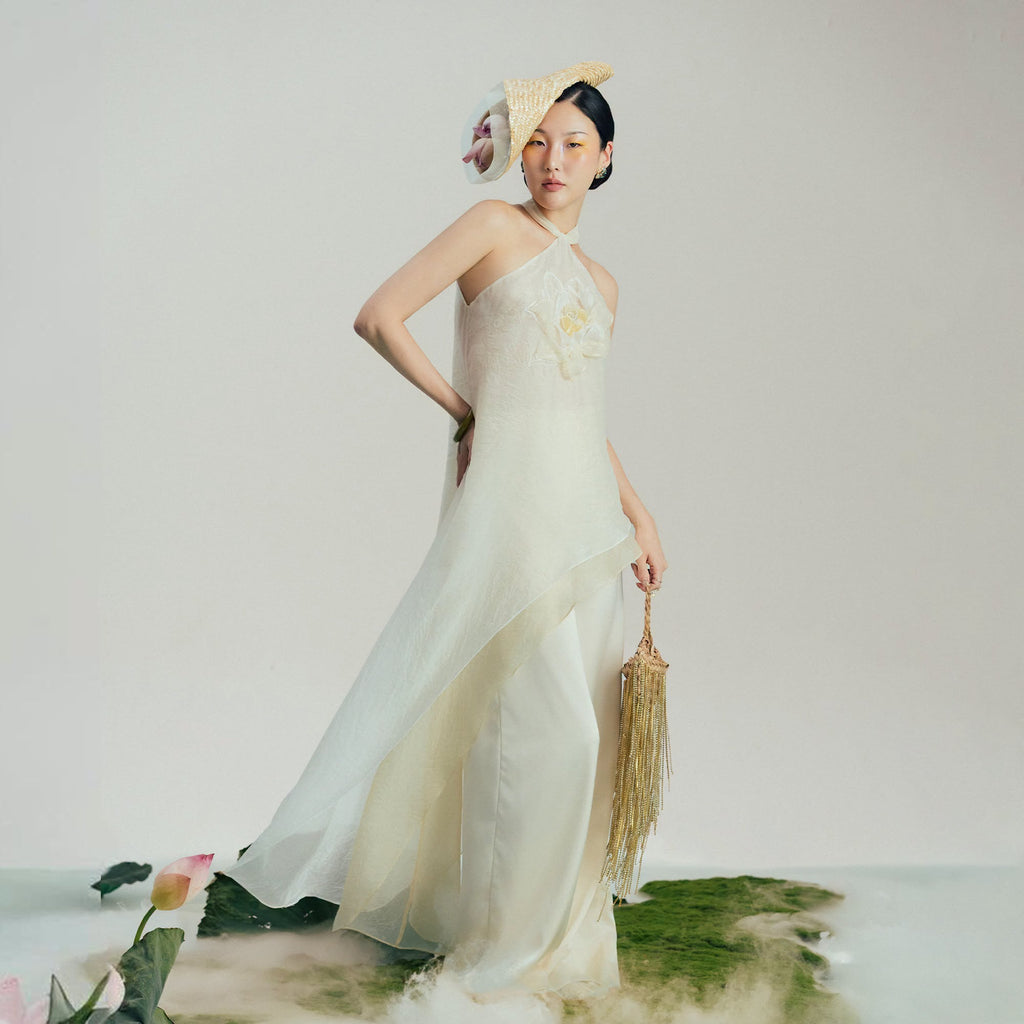 “Lien Tuyet” Asymmetric Halter-neck Set – Hand-crafted 3-D lotus on Organza