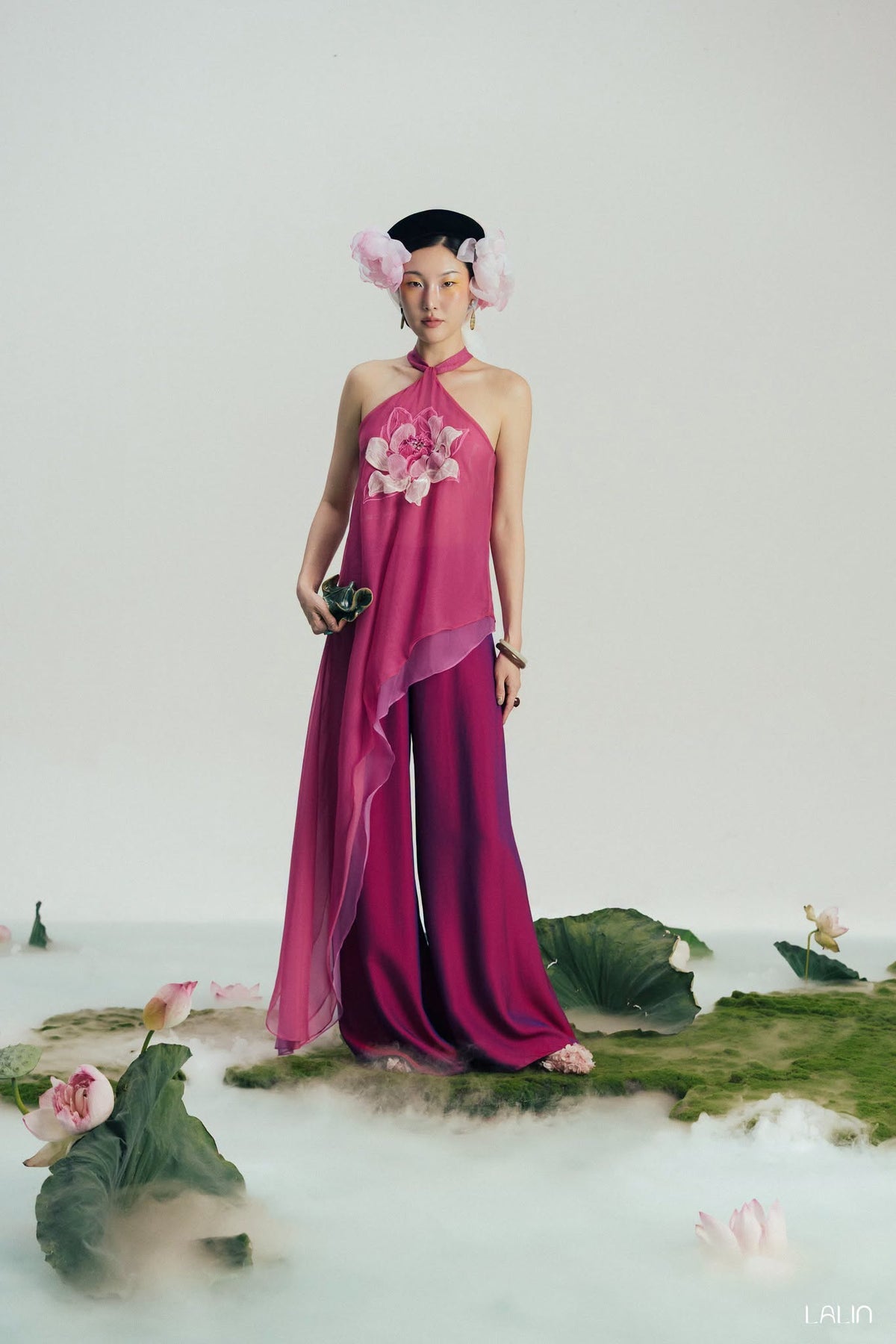 “Lien Phi” Halter-neck Set – Hand-crafted 3-D Lotus on Organza in Magenta