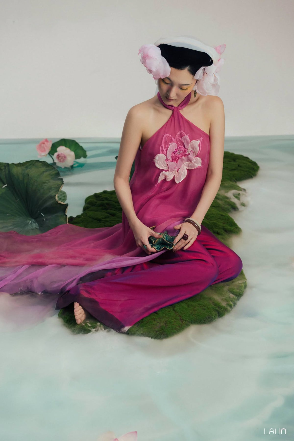 “Lien Phi” Halter-neck Set – Hand-crafted 3-D Lotus on Organza in Magenta