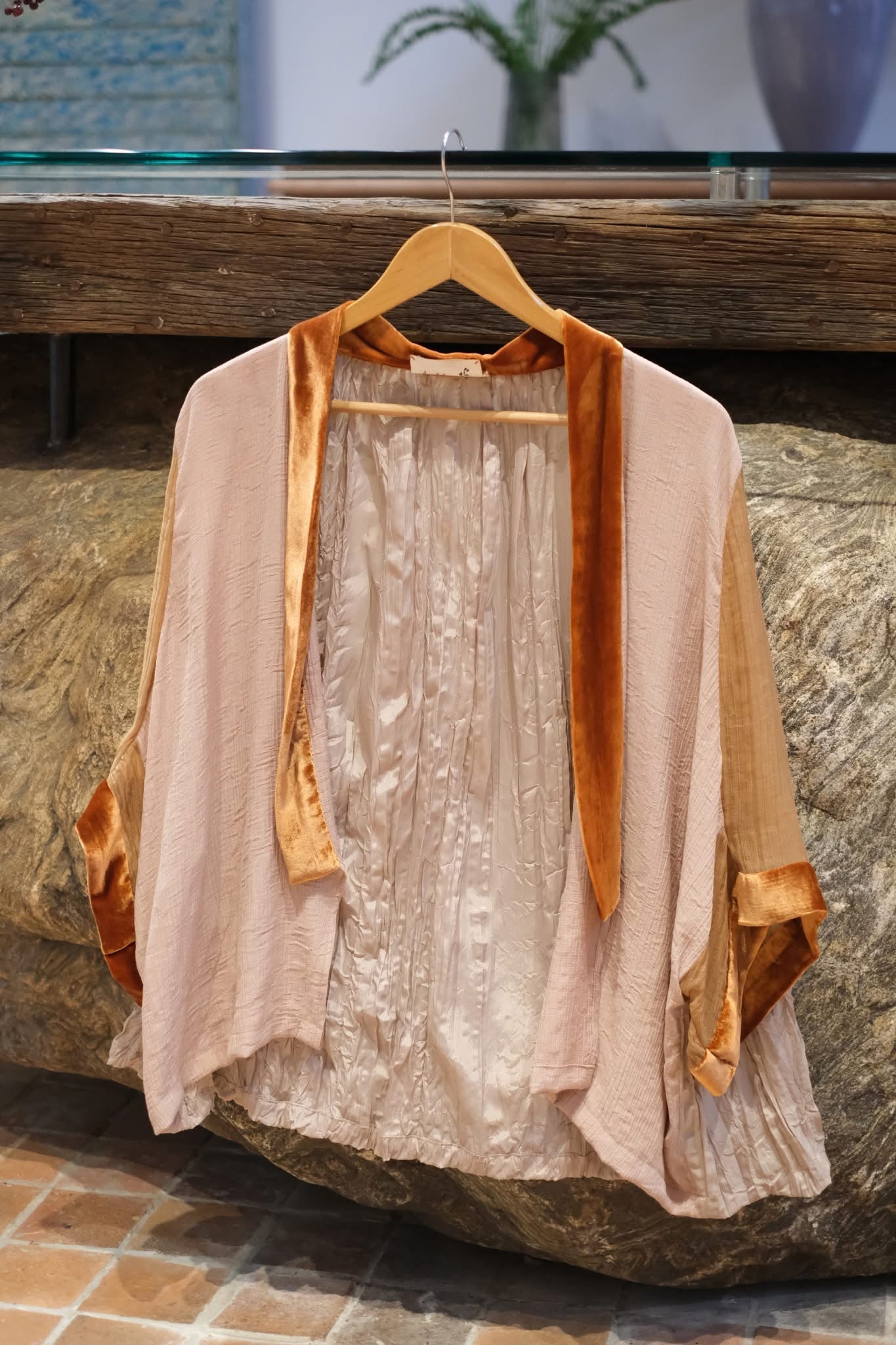"Yuki embroidered chiffon short cardigan in pink with orange suede liner, artisan floral design by Huulala."