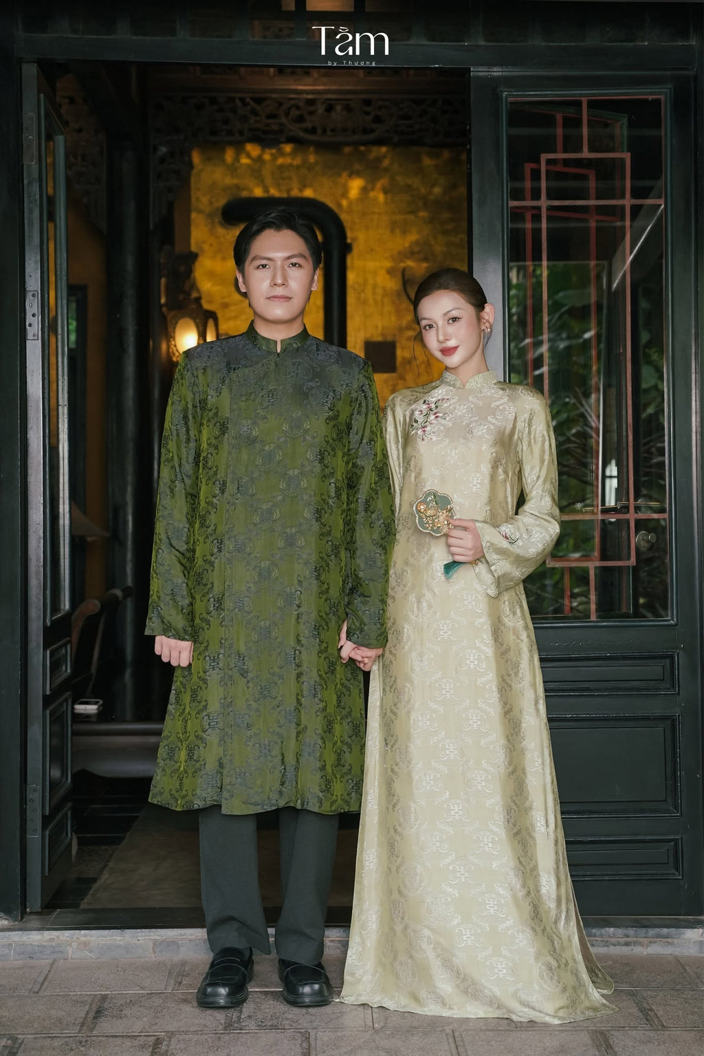 “Lam Uyen” Wedding Áo Dài Set – Layered Worm Silk in Moss Jade & Champagne