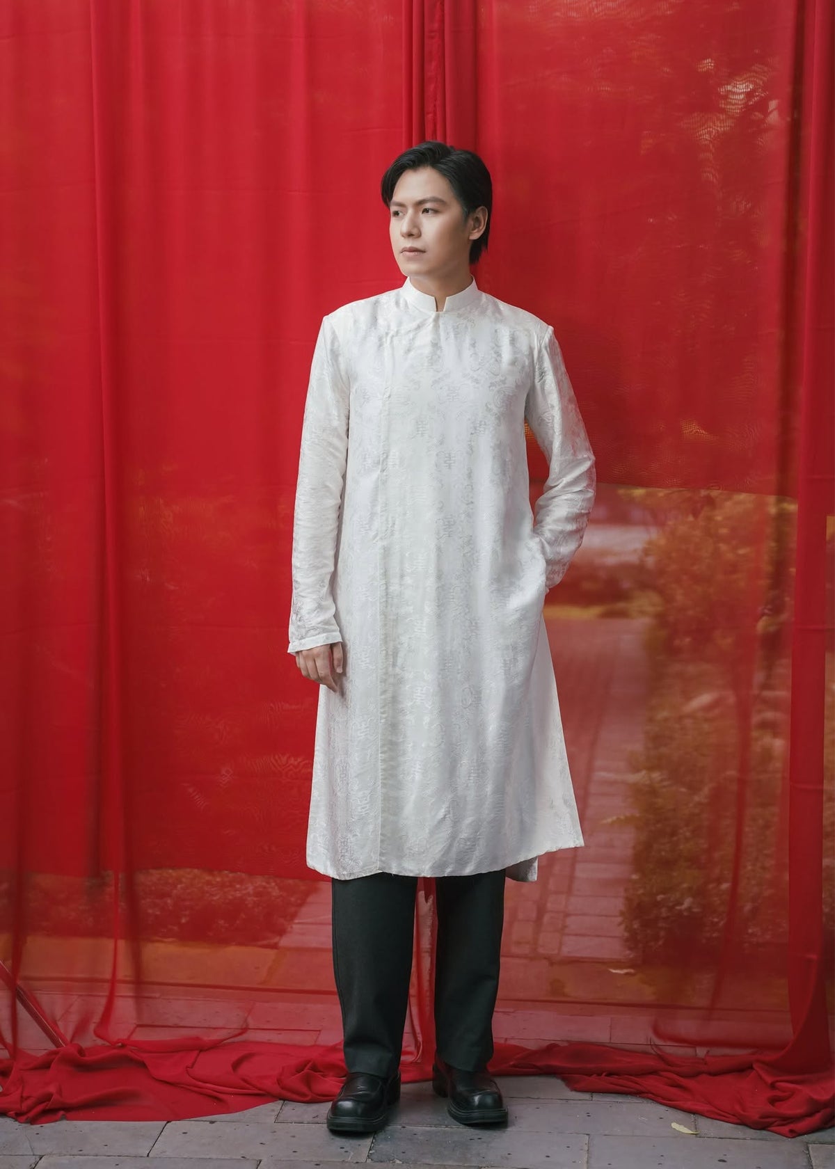 "An Nam Heritage" Double-Layer Men’s Áo Dài Top - Premium Wormsilk in Ivory White