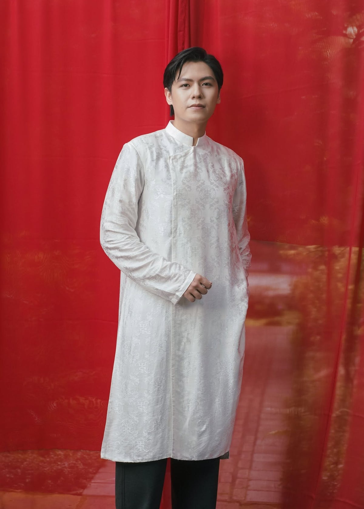 "An Nam Heritage" Double-Layer Men’s Áo Dài Top - Premium Wormsilk in Ivory White