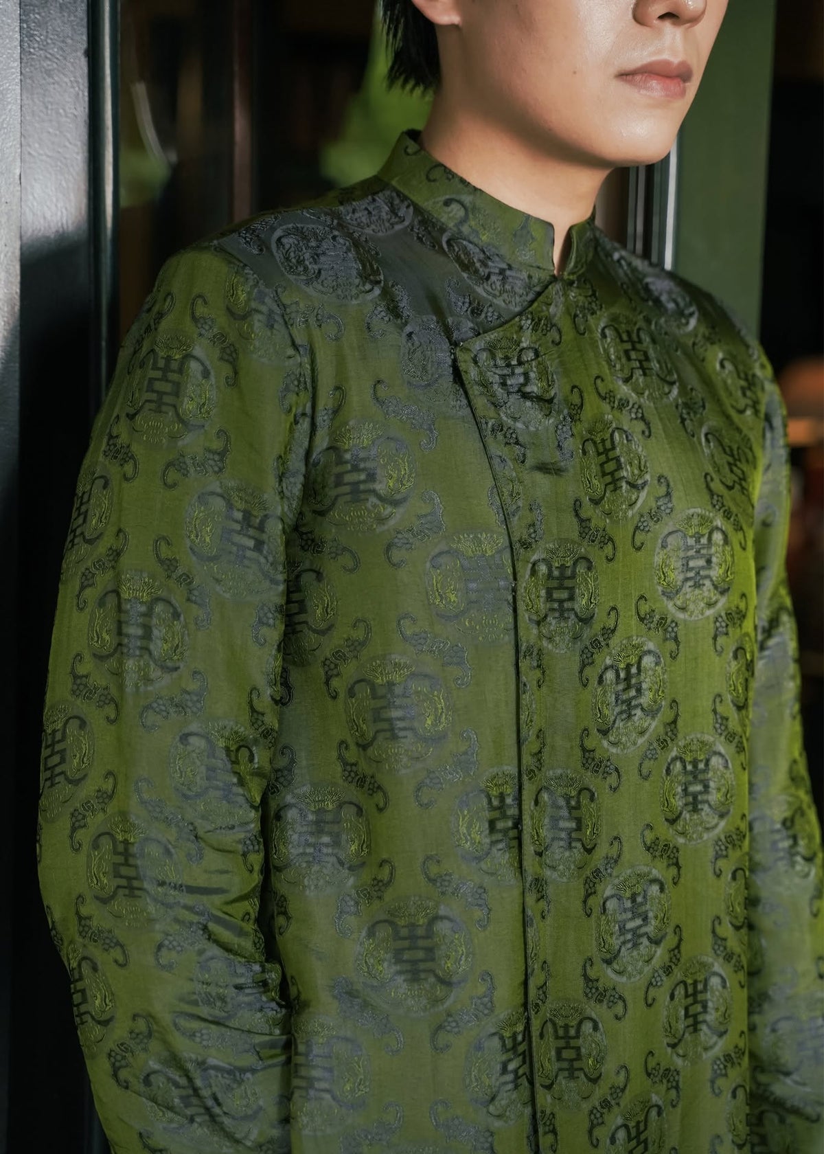 "An Nam Heritage" Double-Layer Men’s Áo Dài Top - Premium Wormsilk in Imperial Moss