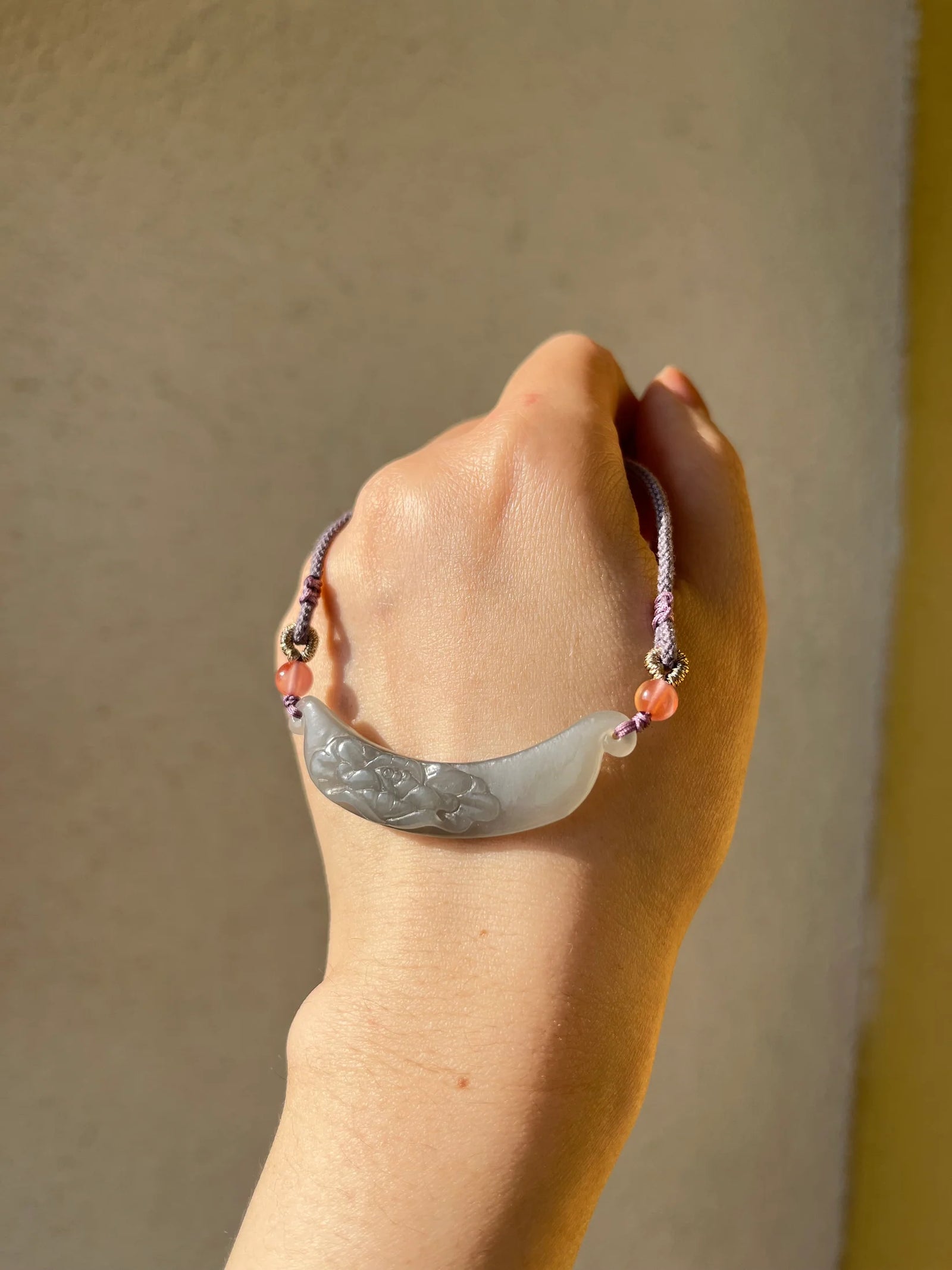 “Lilac Crescent” - Necklace with a Hand Carved Purple Hetian Jade Lotus Flower Huang Arc-shaped Pendant, 和田烟紫荷花小玉璜