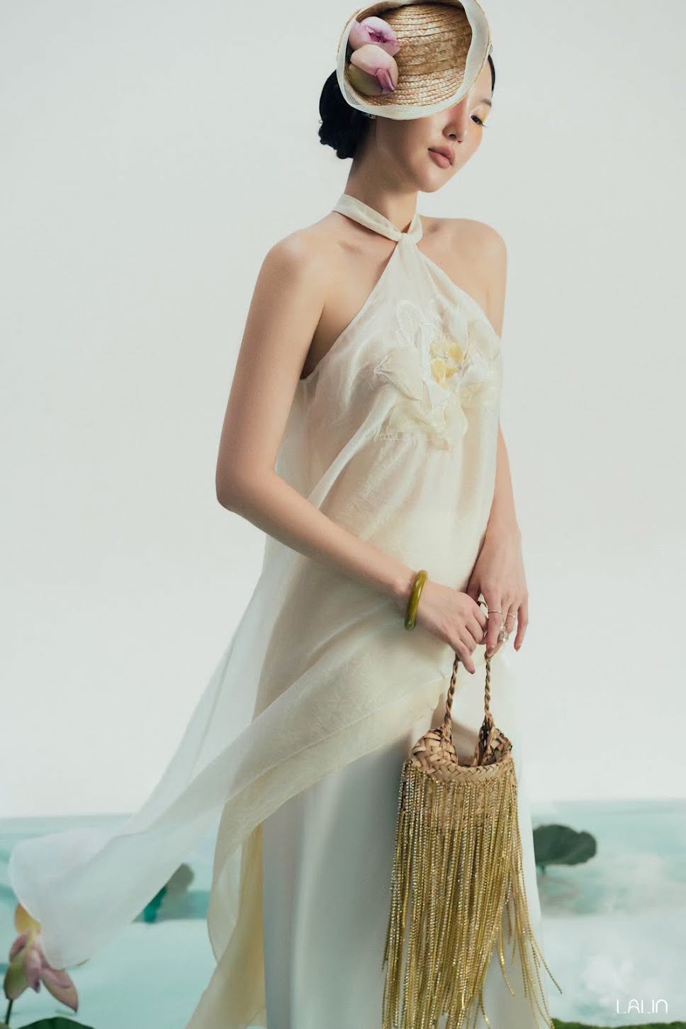 “Lien Tuyet” Asymmetric Halter-neck Set – Hand-crafted 3-D lotus on Organza