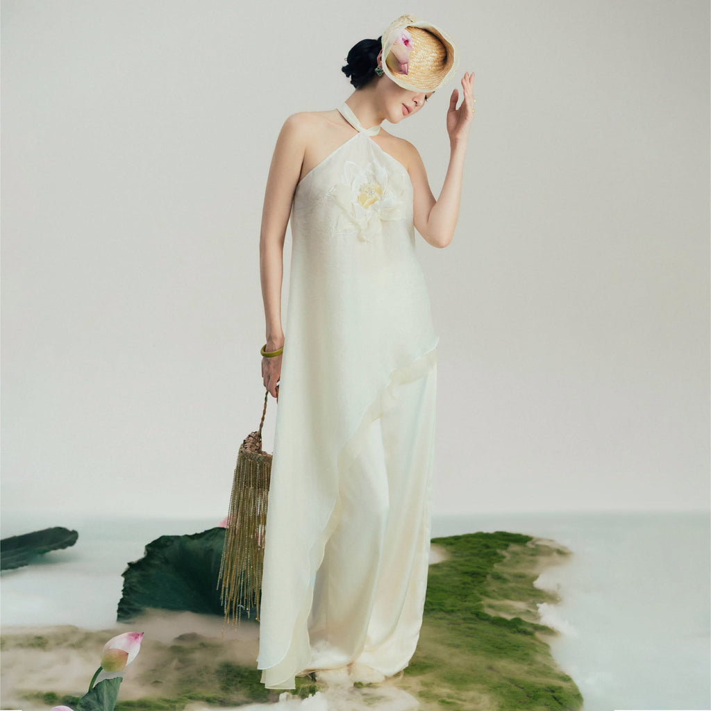 “Lien Tuyet” Asymmetric Halter-neck Set – Hand-crafted 3-D lotus on Organza