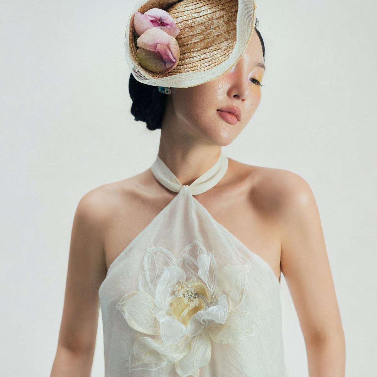 “Lien Tuyet” Asymmetric Halter-neck Set – Hand-crafted 3-D lotus on Organza