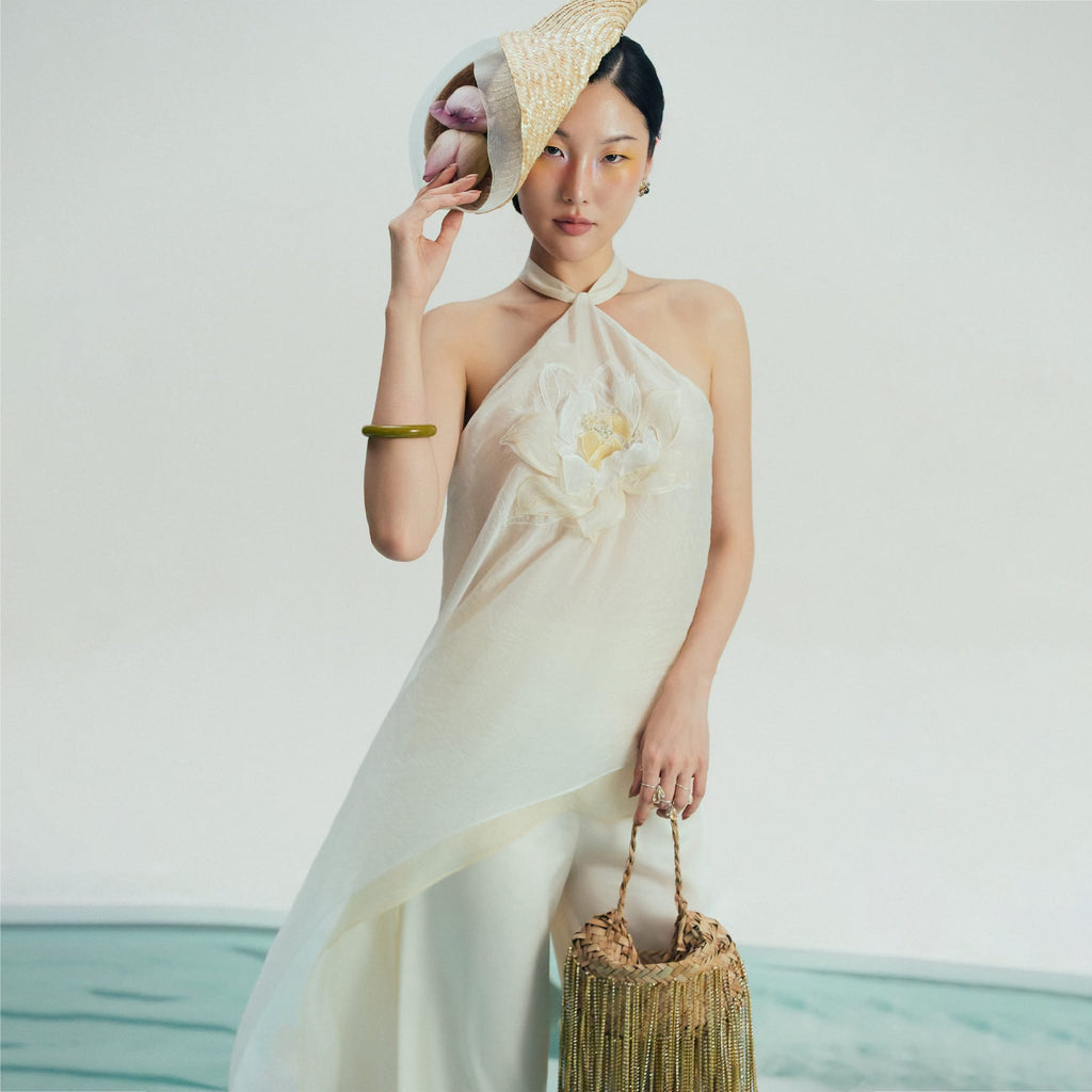 “Lien Tuyet” Asymmetric Halter-neck Set – Hand-crafted 3-D lotus on Organza