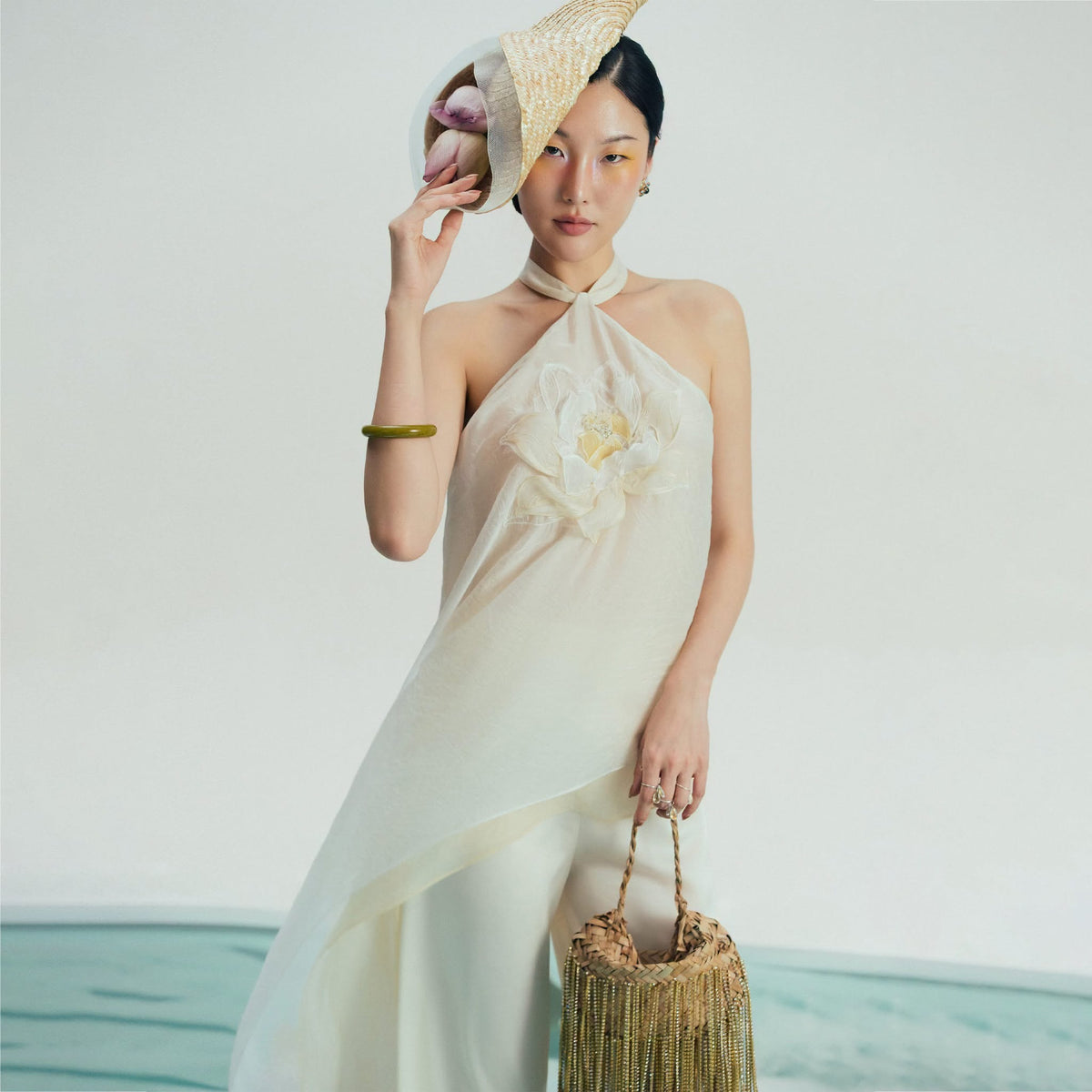 “Lien Tuyet” Asymmetric Halter-neck Set – Hand-crafted 3-D lotus on Organza