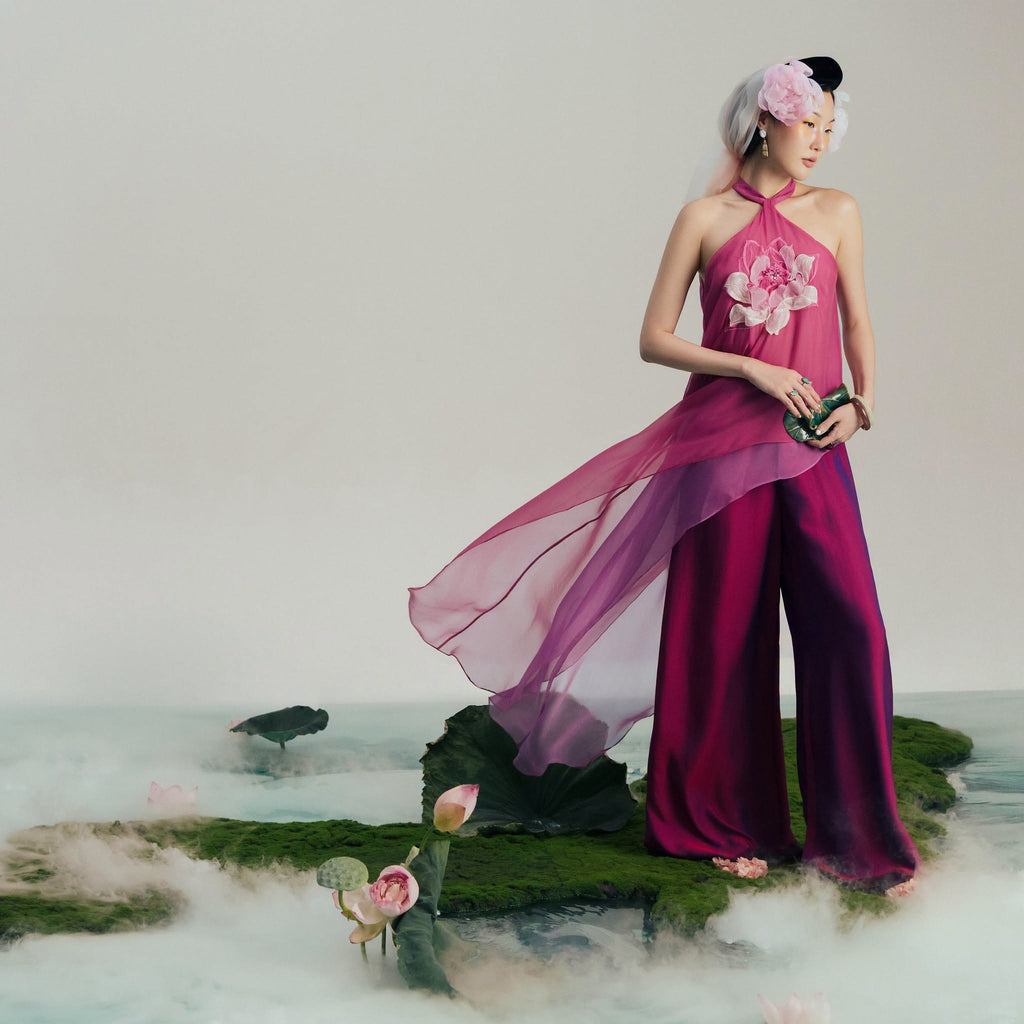 “Lien Phi” Halter-neck Set – Hand-crafted 3-D Lotus on Organza in Magenta
