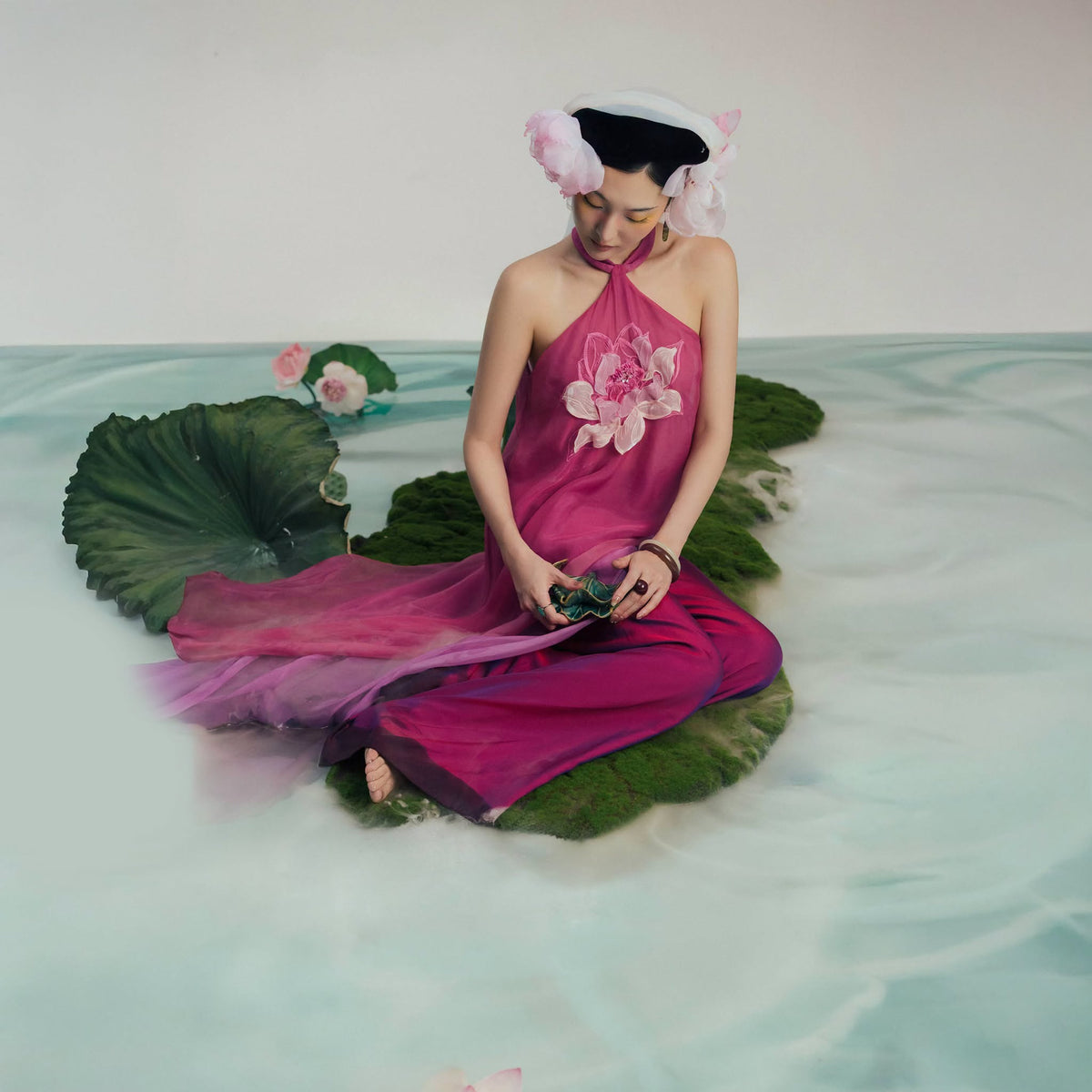 “Lien Phi” Halter-neck Set – Hand-crafted 3-D Lotus on Organza in Magenta