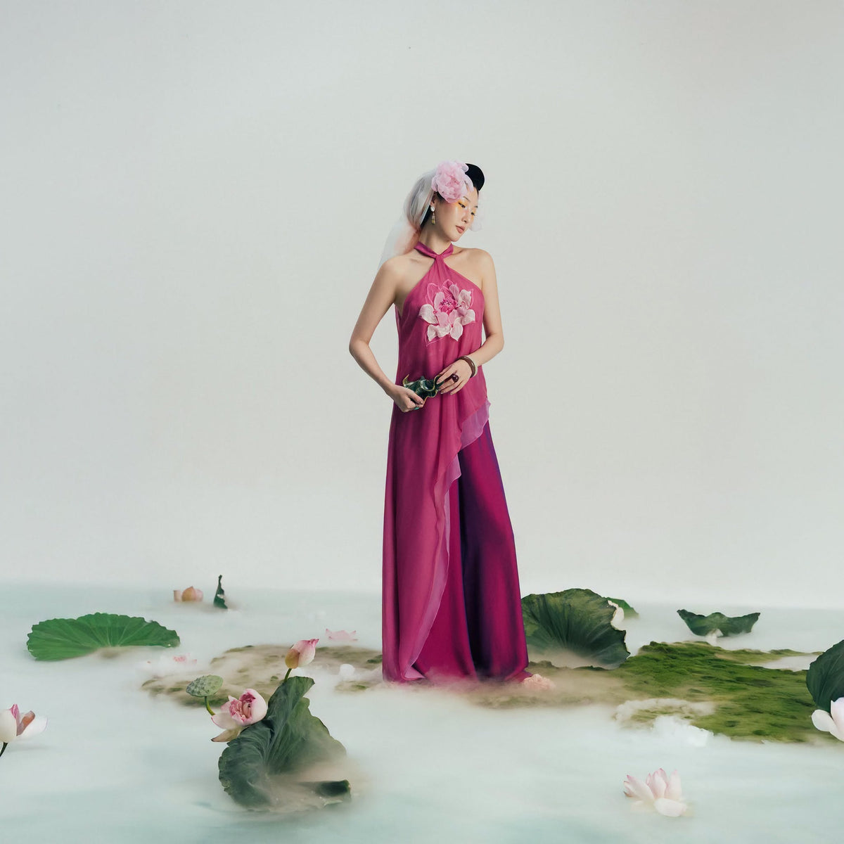 “Lien Phi” Halter-neck Set – Hand-crafted 3-D Lotus on Organza in Magenta