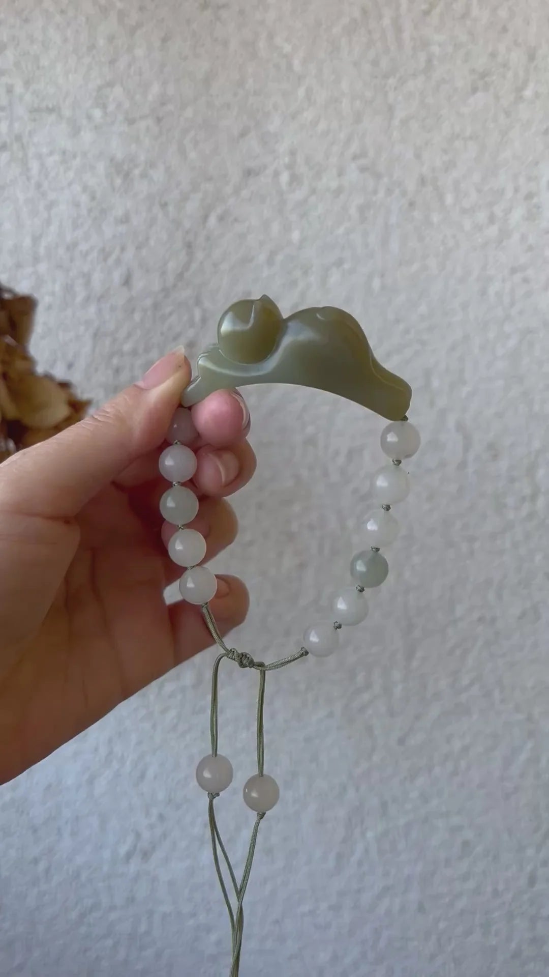 Traditional Motif - Fortune's Embrace – Nephrite Jade Lucky Cat Bracelet - front view in green by L'Orient Haus