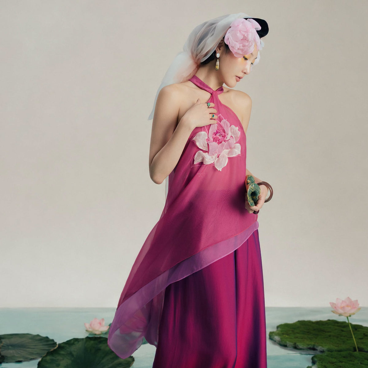 “Lien Phi” Halter-neck Set – Hand-crafted 3-D Lotus on Organza in Magenta