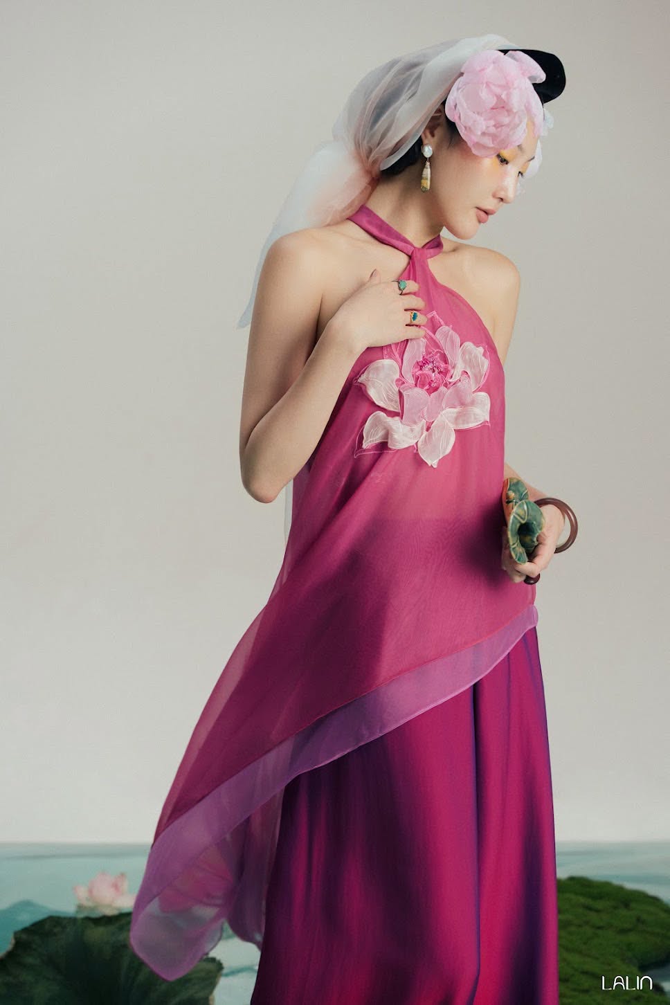 “Lien Phi” Halter-neck Set – Hand-crafted 3-D Lotus on Organza in Magenta