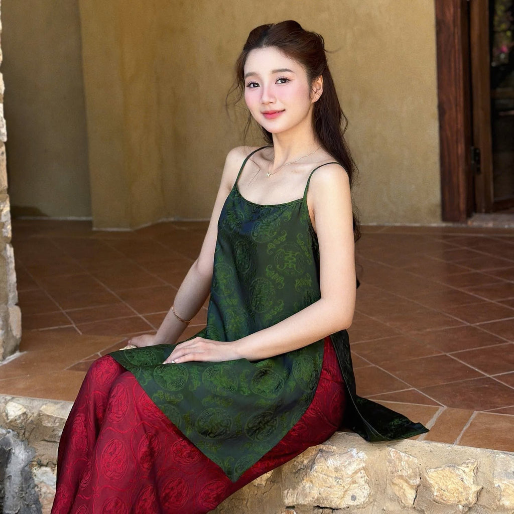 “Ngoc Nga” Cami Set – Wormsilk in Forest Jade with Crimson Pants