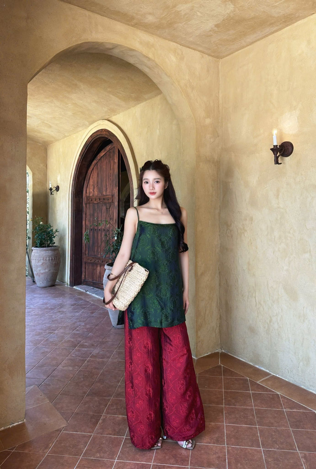 “Ngoc Nga” Cami Set – Wormsilk in Forest Jade with Crimson Pants