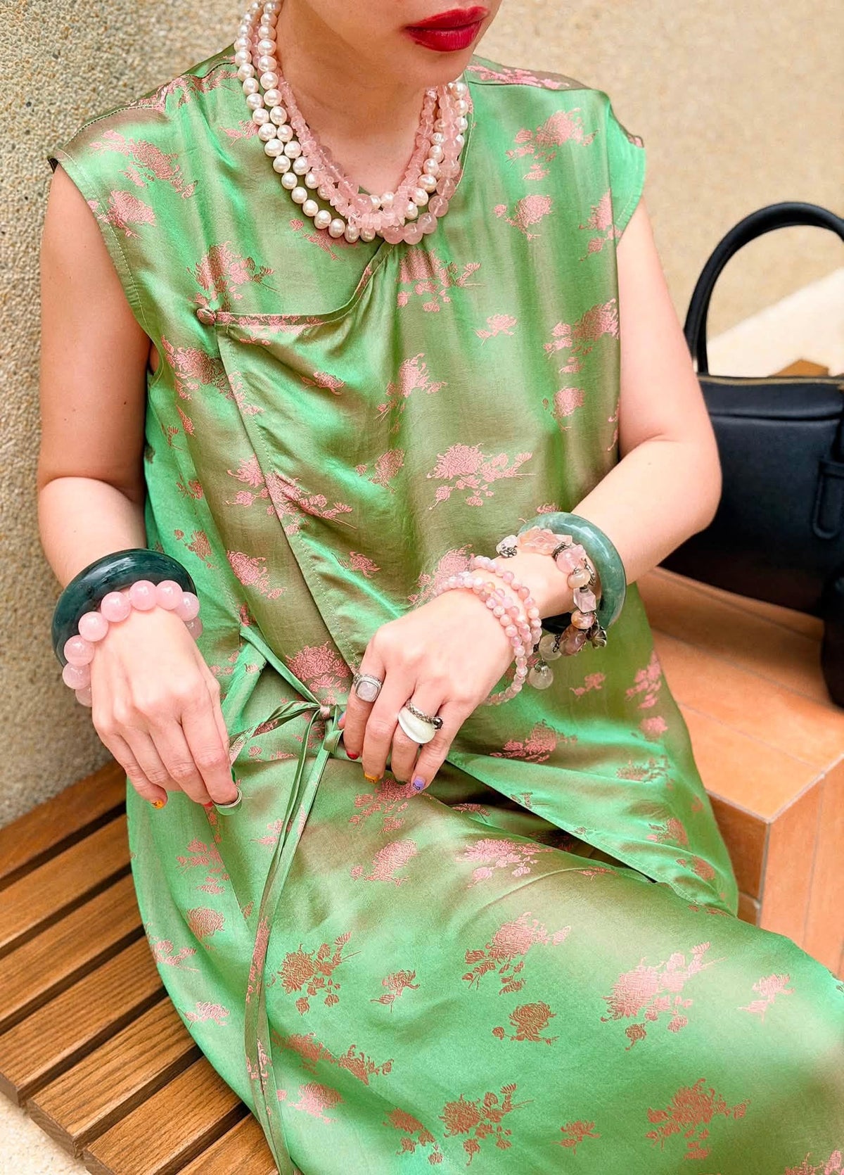 “Jade Reverie” Draped Dress  – Satin Wormsilk Satin in Jade & Blush