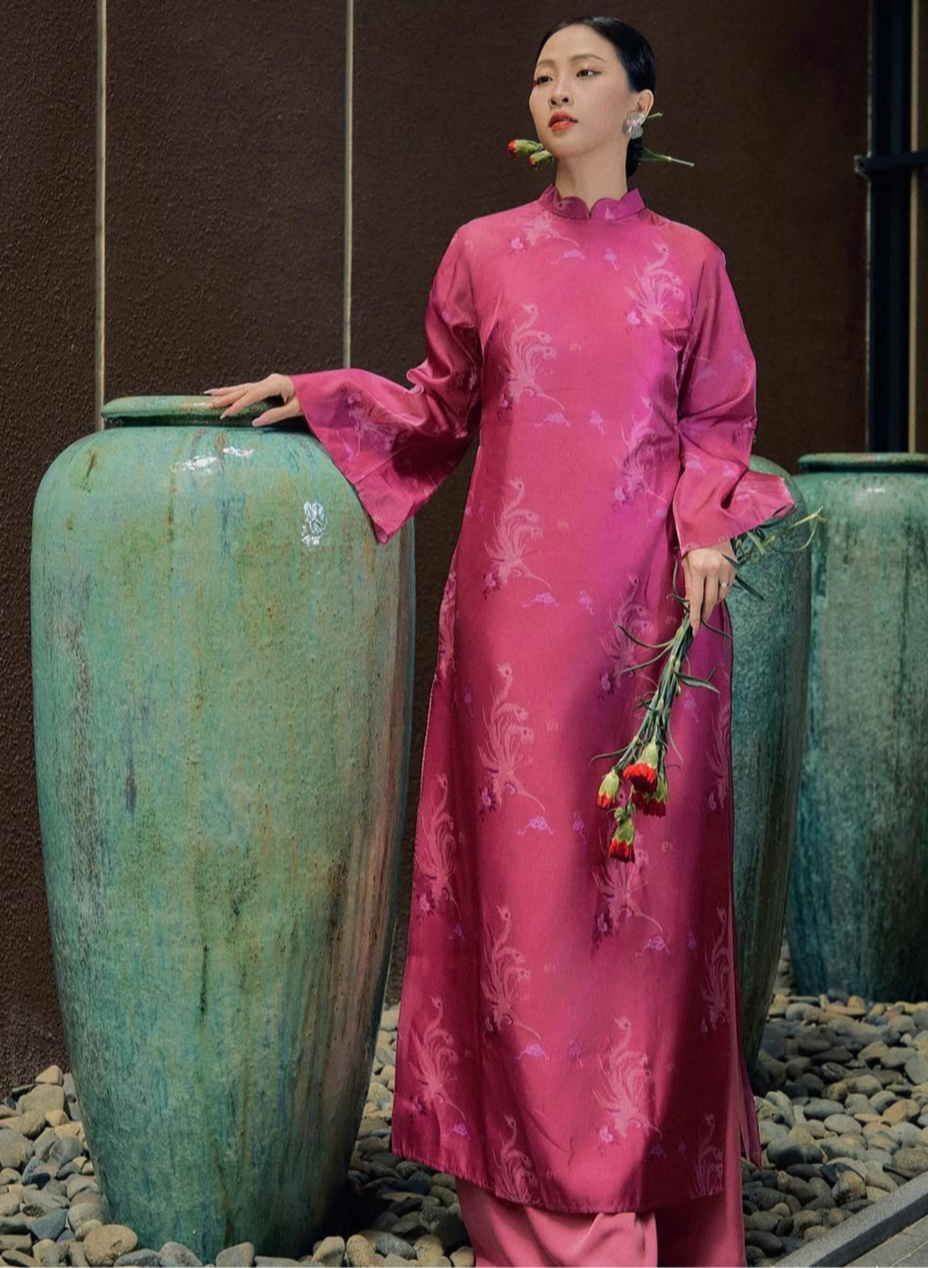 "Thy Loan Ao dai set in magenta wormsilk, traditional Vietnamese dress by Lalin."